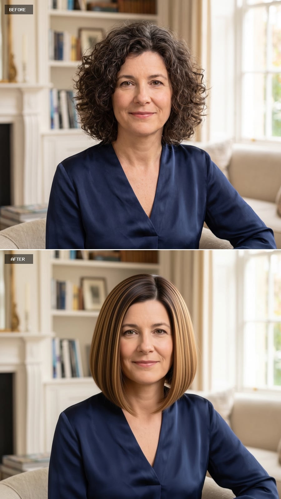 Blunt brunette bob with warm blonde face-framing highlights before and after