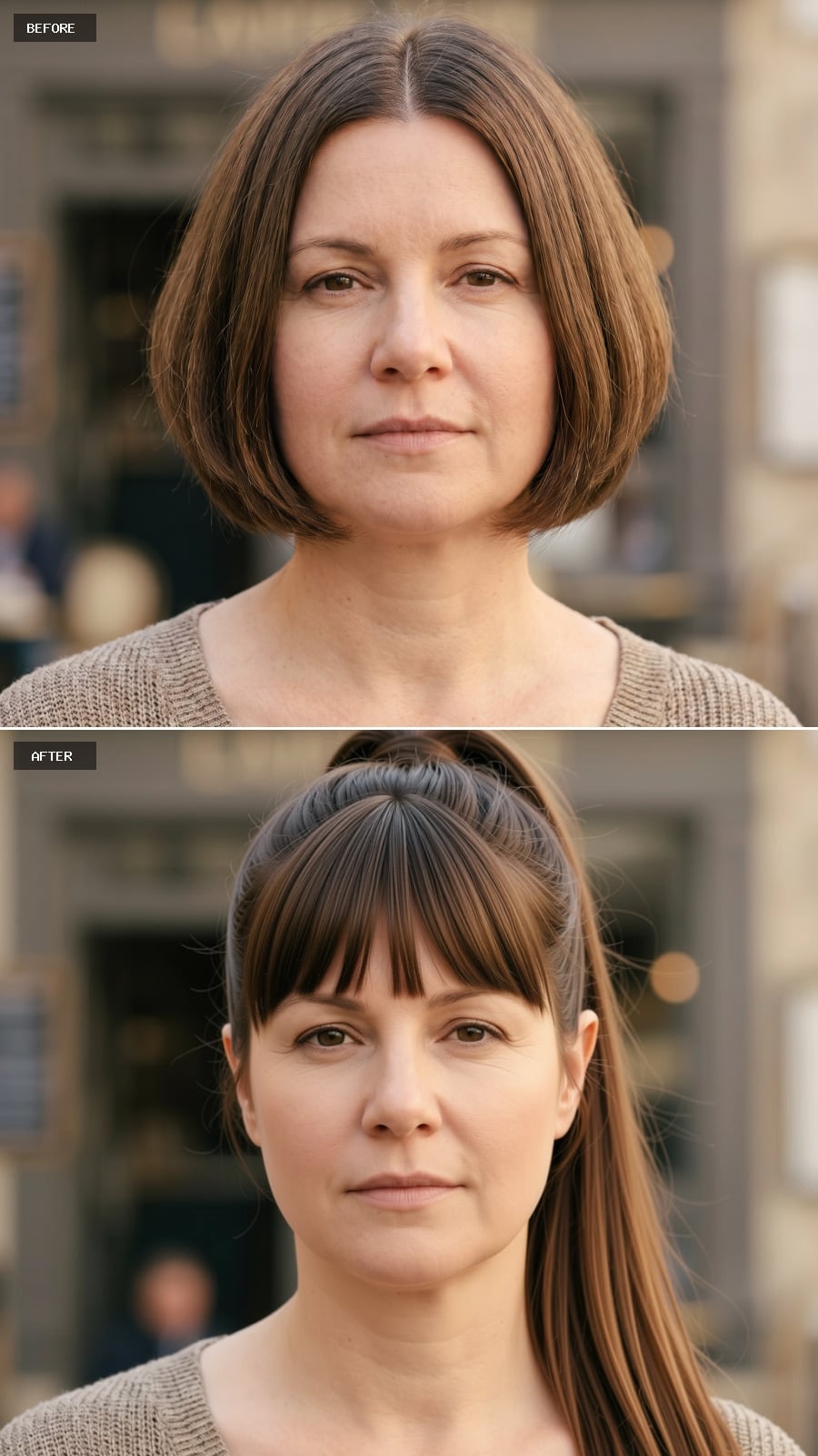 Bangs and a High Ponytail Doing Exactly What a Round Face Needs