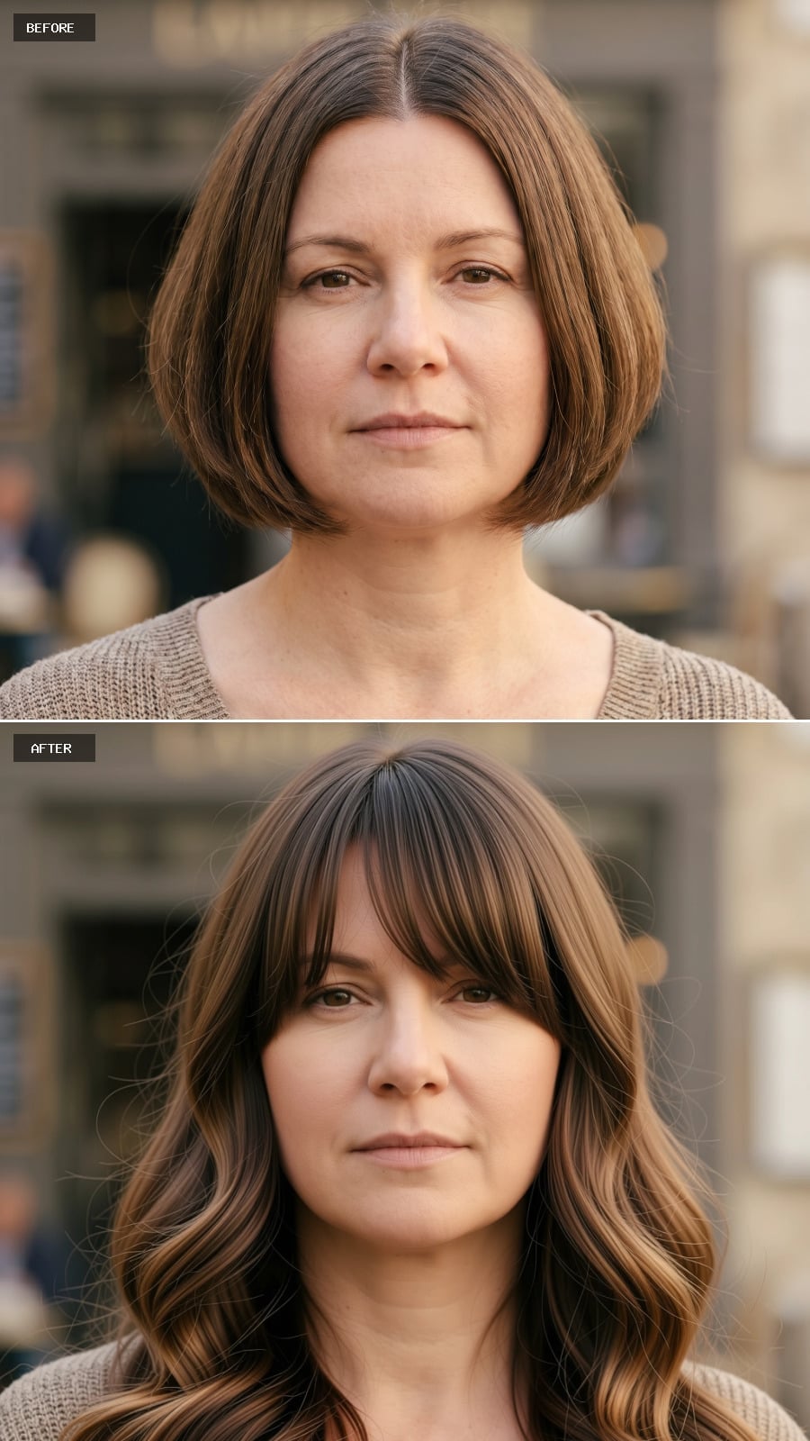 Bangs and Waves Working Together to Pull a Round Face Into a Longer Shape