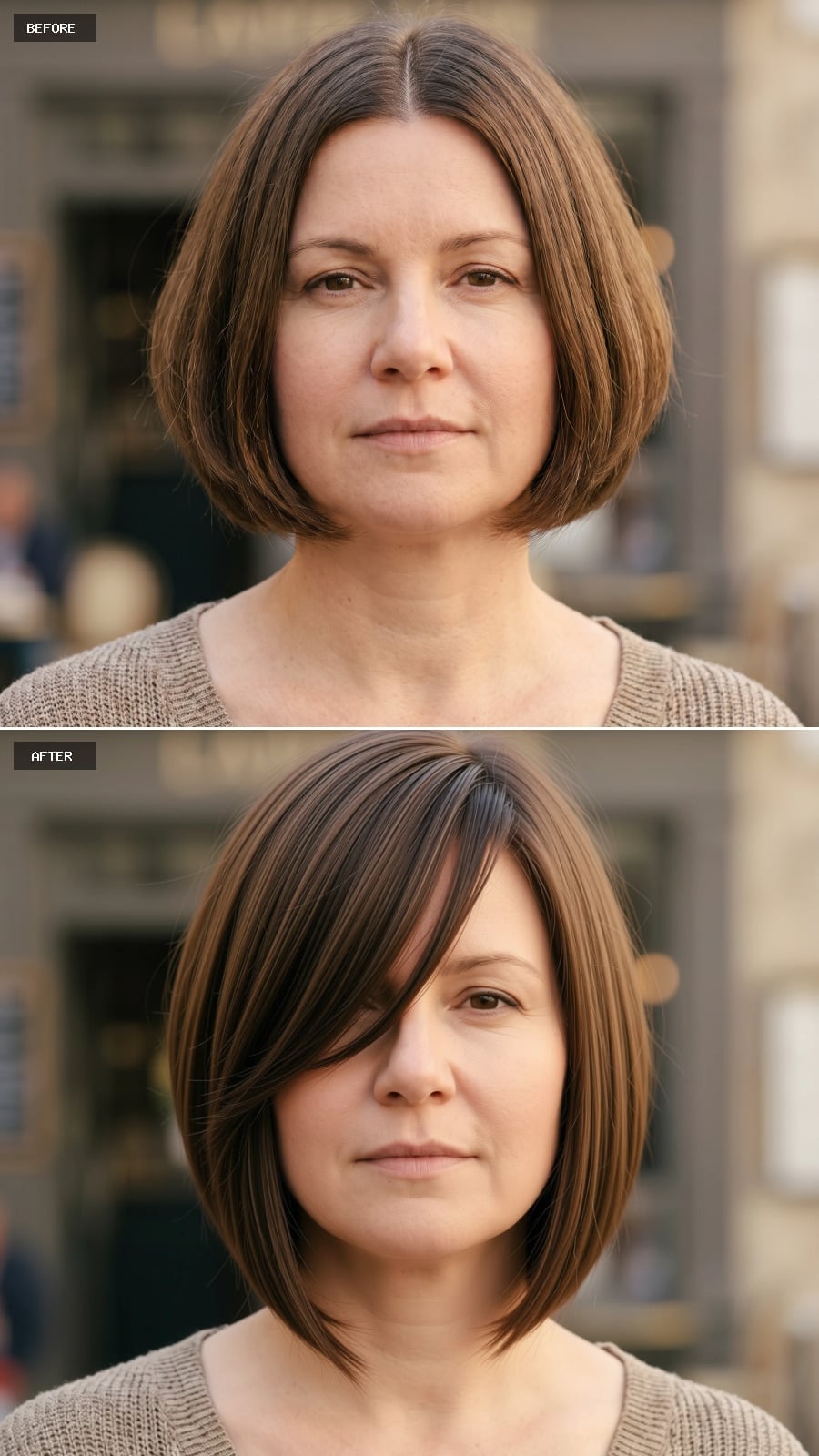 Bangs That Sweep Across the Forehead and Quietly Steal Width From a Round Face