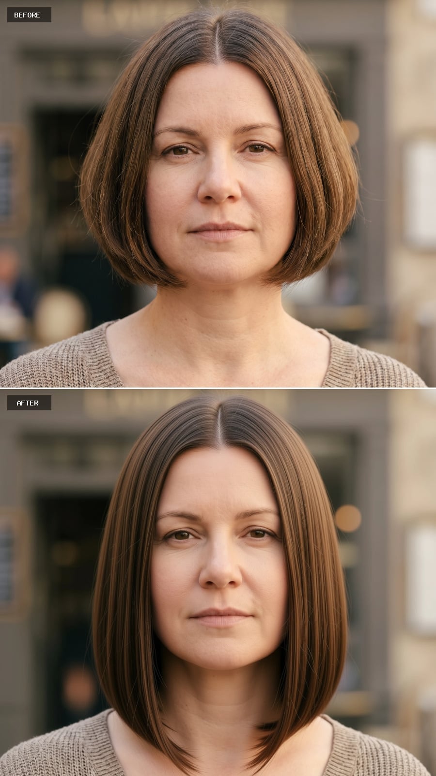Long Bob Cut With a Center Part That Gives Round Faces a Vertical Running Line