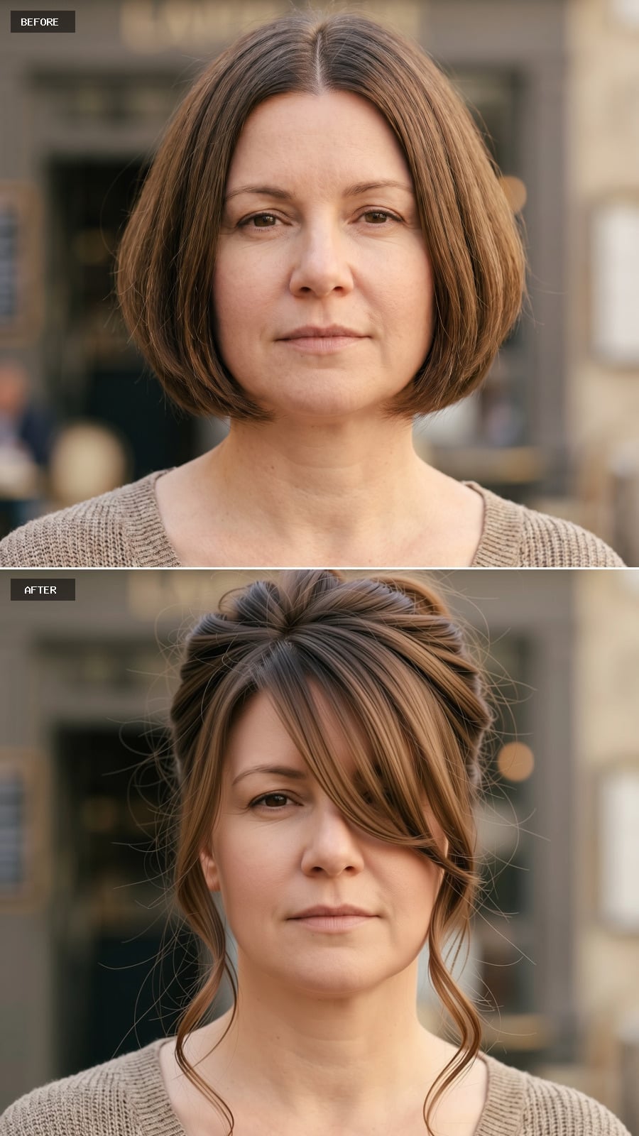 Pinned Up and Piece-y, With Bangs That Finally Give a Round Face a Diagonal to Follow