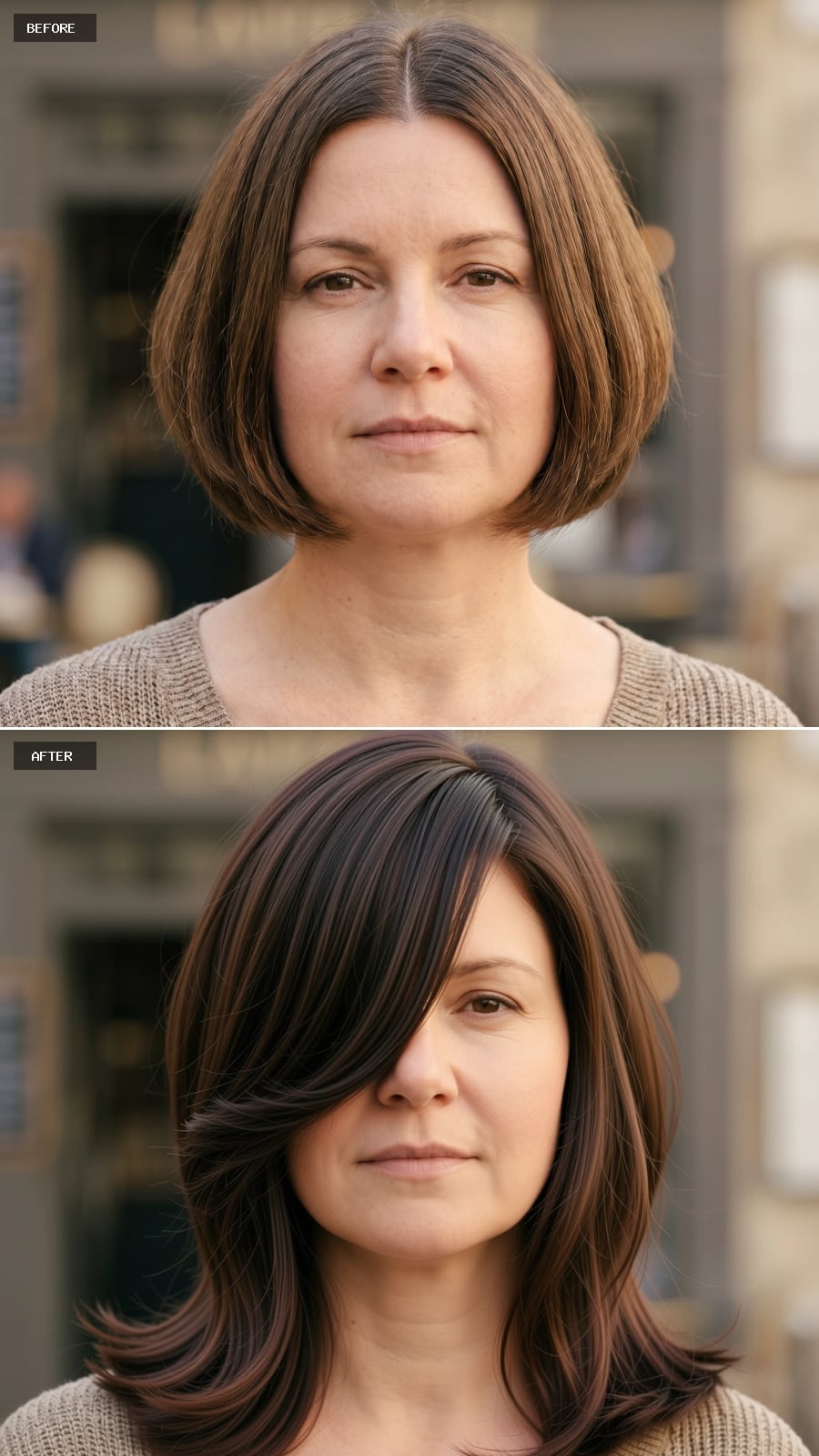 Side-Swept and Dark: The Layered Cut That Gives Round Faces Vertical Authority
