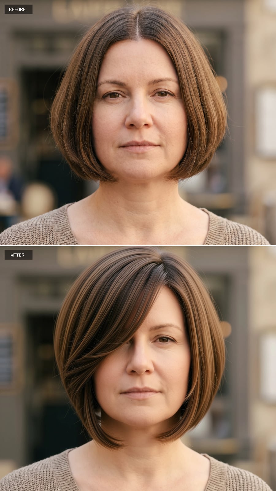 Swept Bangs and a Rounded Bob That Redirect Width Into Shape