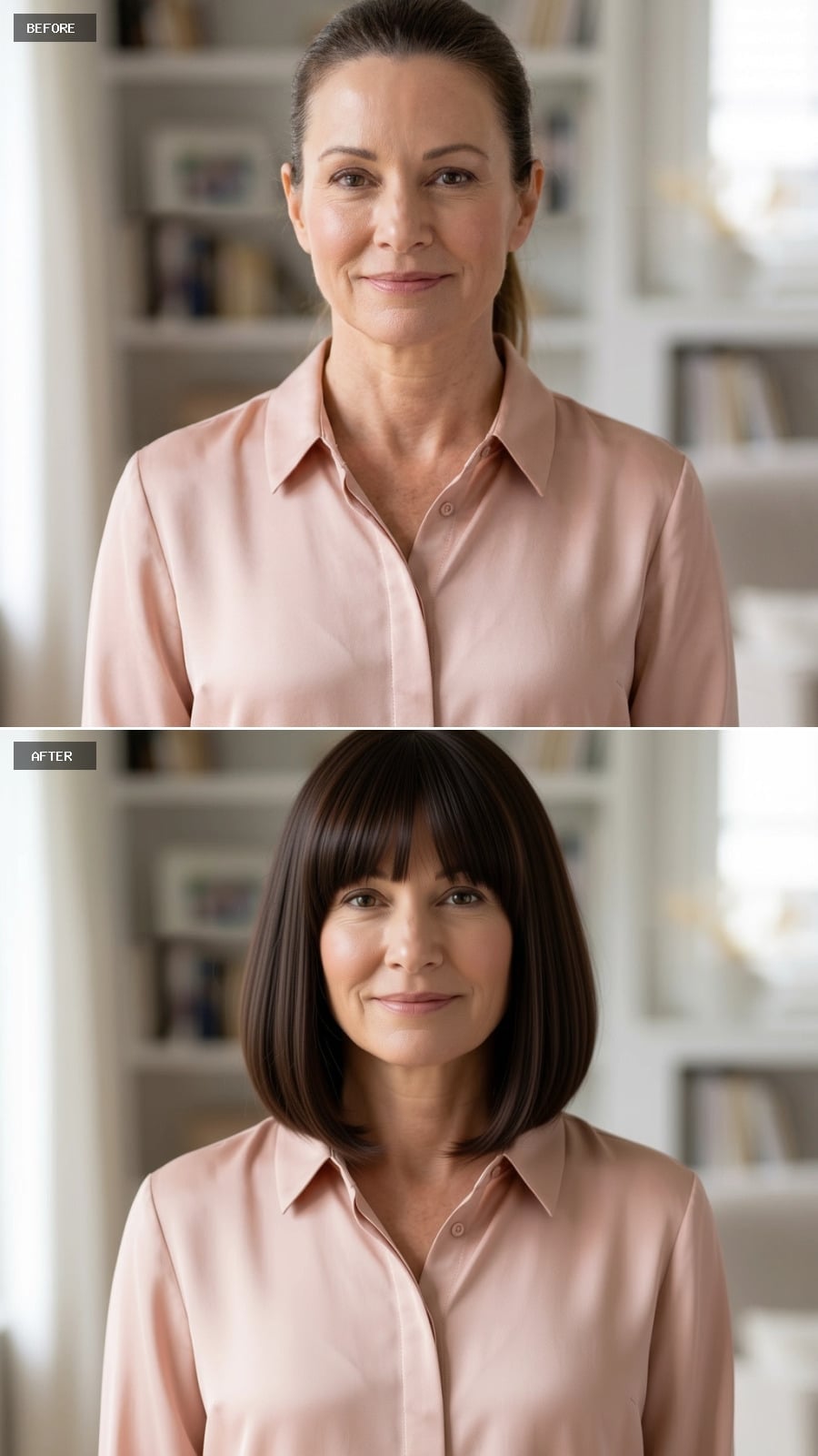 Blunt Bob, Full Fringe, and a Brunette Shade With Real Contrast