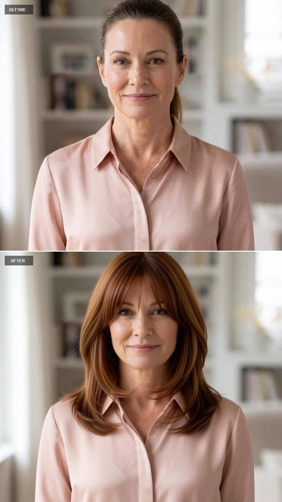 Copper-Brown, Curtain Bangs, and Layers That Open the Face