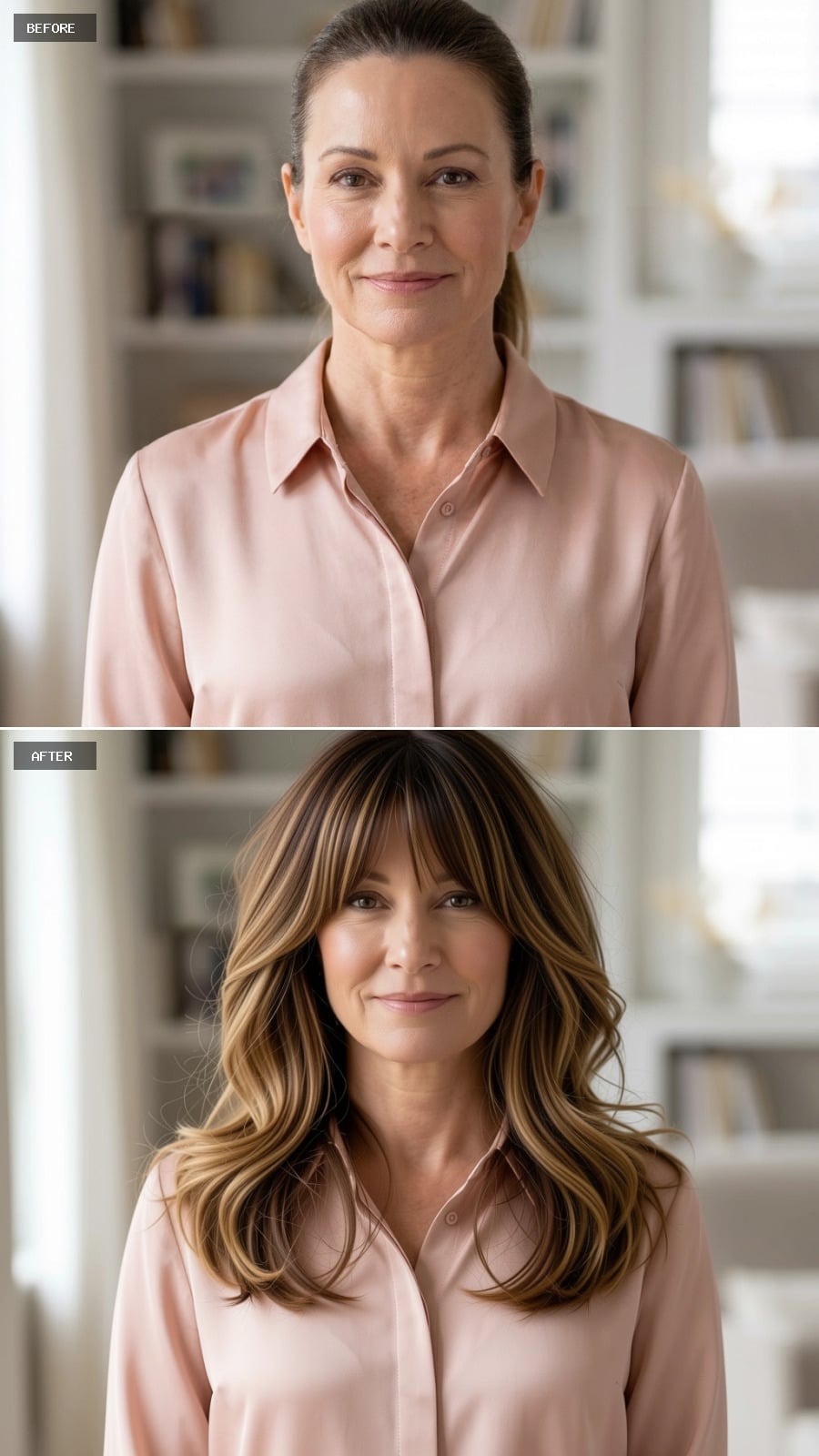 Curtain Bangs, Caramel Highlights, and Finally a Cut That Works With Her Face