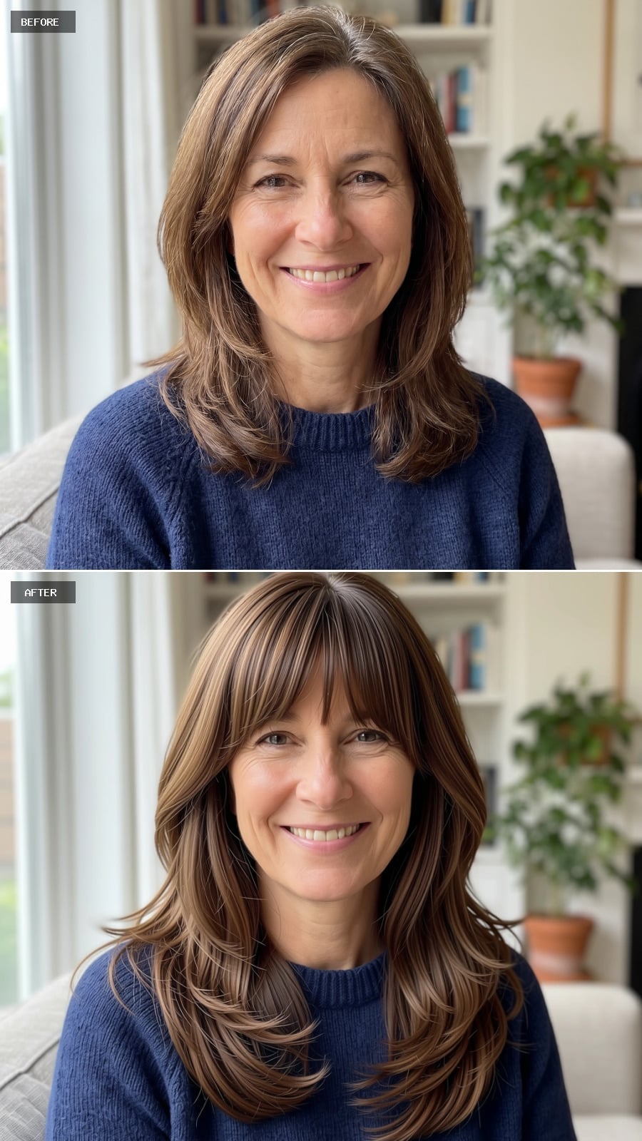 Straight Fringe, Cascading Layers, and Warmth Kept Below the Cheekbones