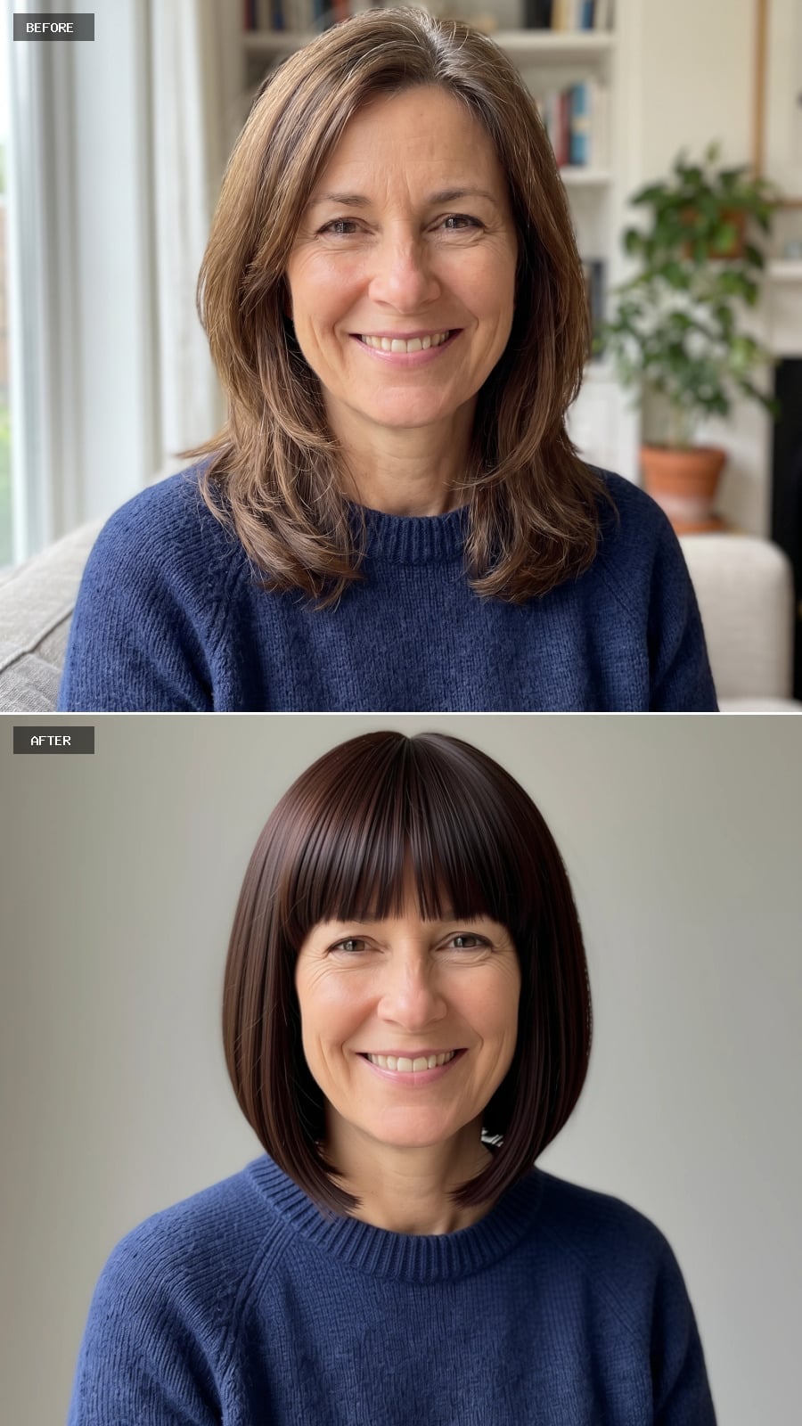 Reddish Brunette Bob, Full Fringe, and a Softer Geometric Edge