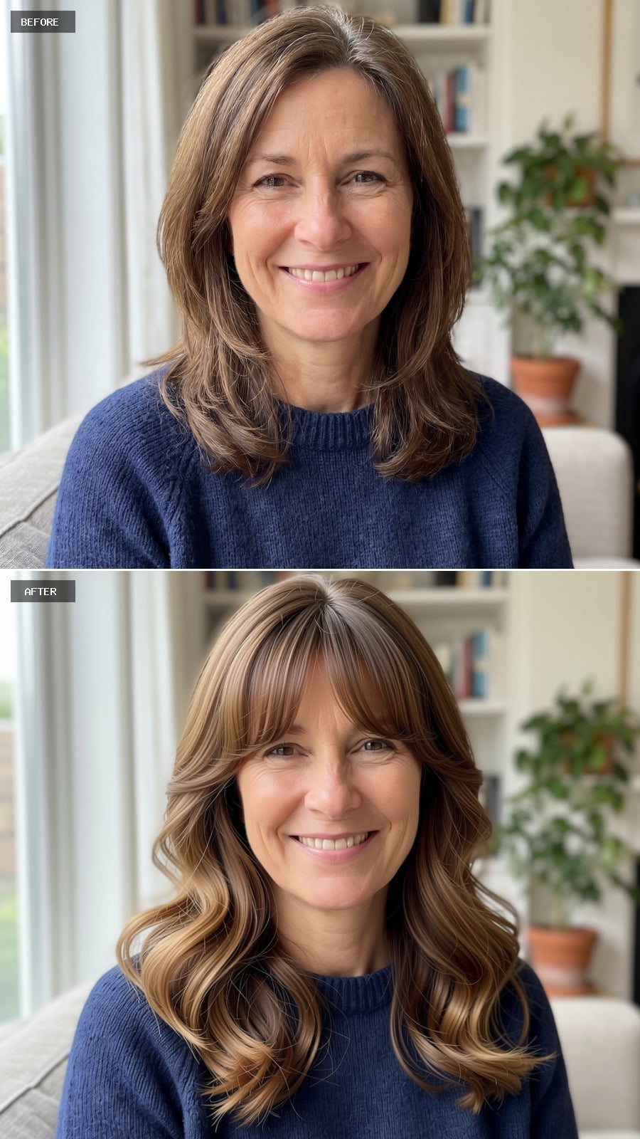 Soft Curtain Bangs, Collarbone Waves, and a Rooted Balayage