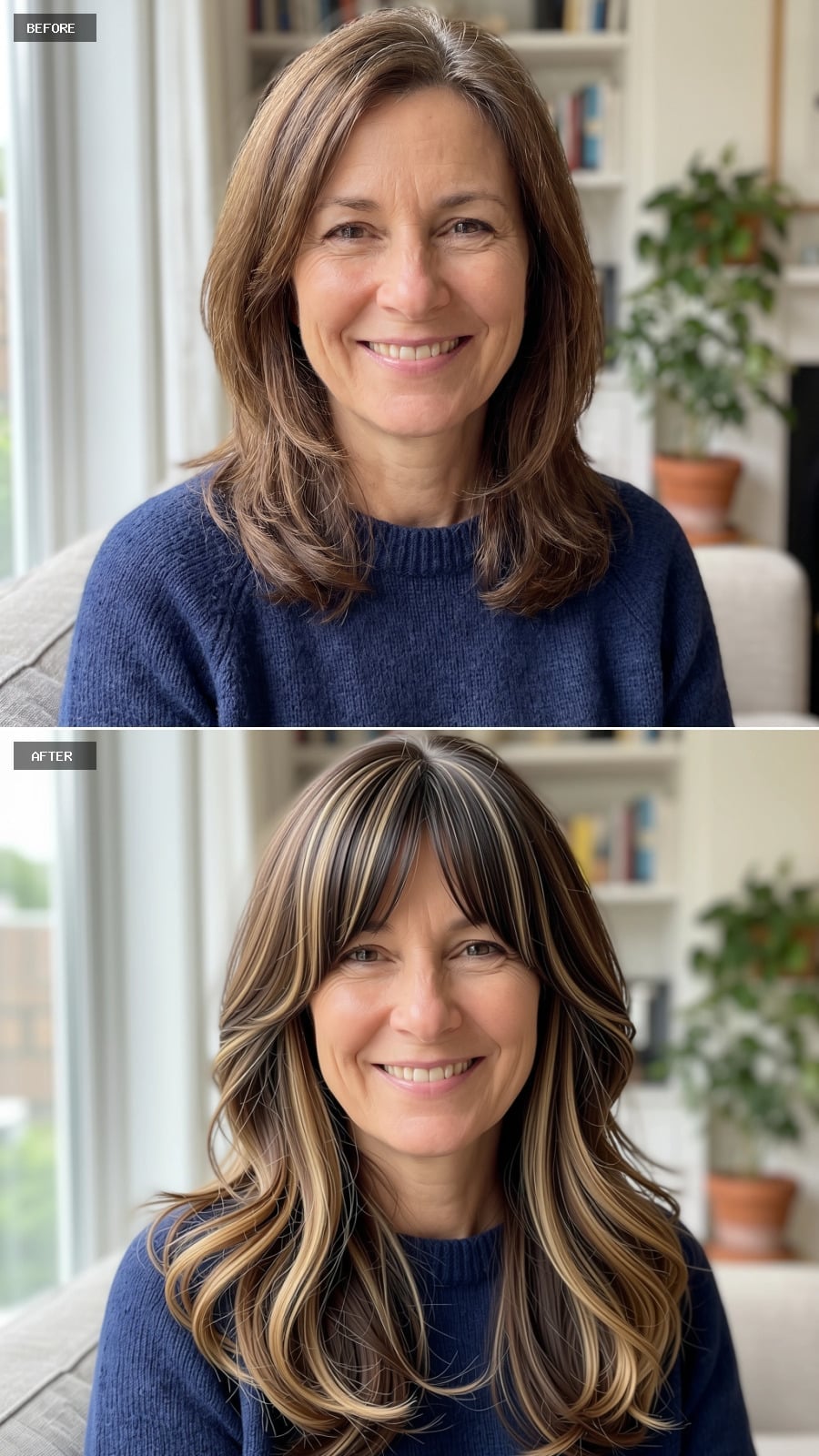 Bold Face-Framing Highlights with a Full Swept Fringe