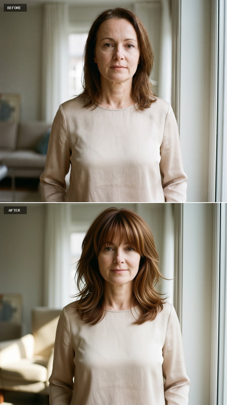 Blunt Bangs With Outward-Flipped Auburn Layers