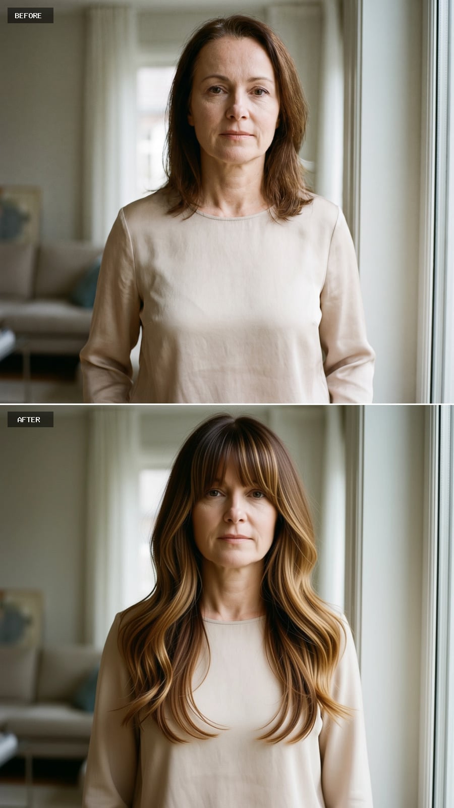 A Brow-Skimming Fringe With Long Brunette-to-Blonde Layers