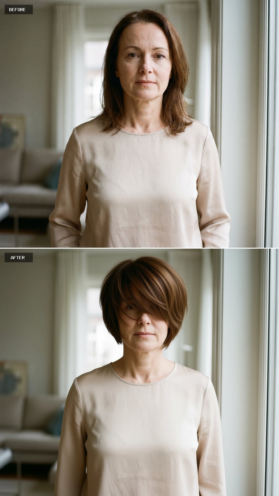 A Rounded Chestnut Bob With Deep Side Fringe