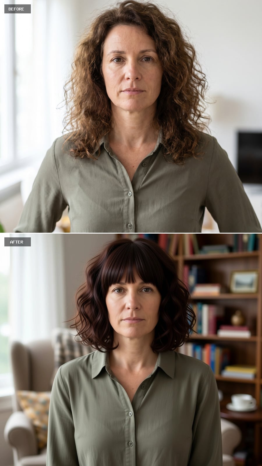 Dark Auburn Bangs and a Bob Cut That Make Curly Hair Look Intentional