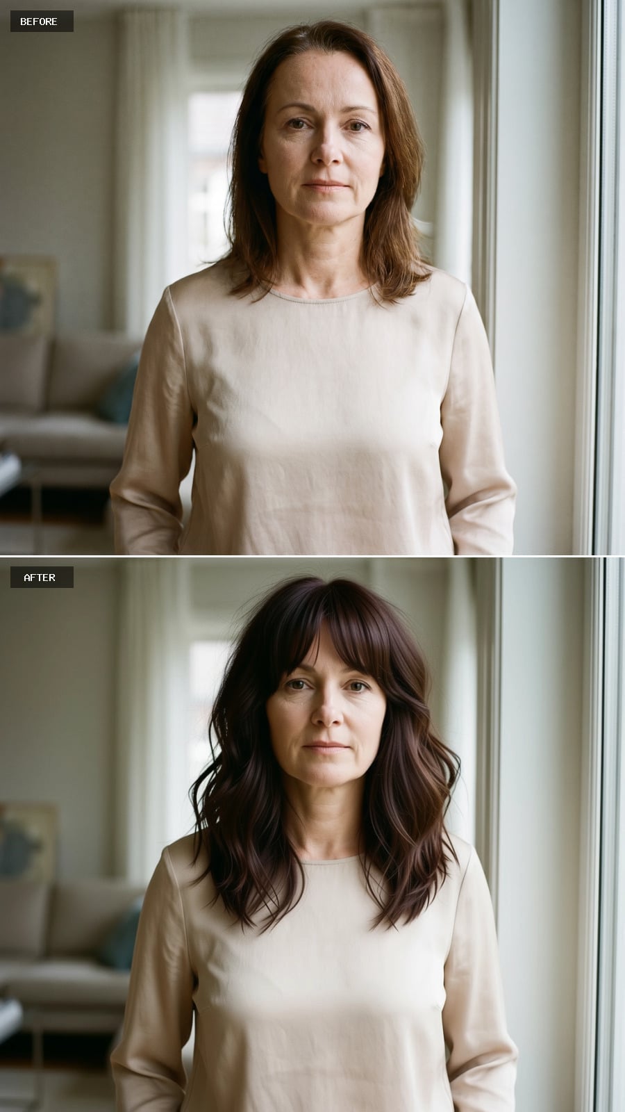A Plum-Toned Shag With Soft Brow-Length Fringe