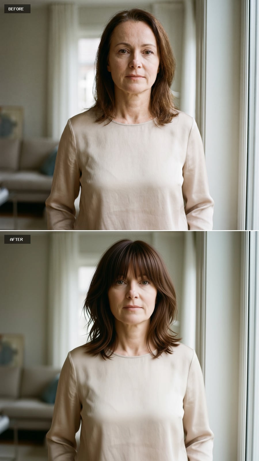 Dark Feathered Fringe With Outward-Angled Ends