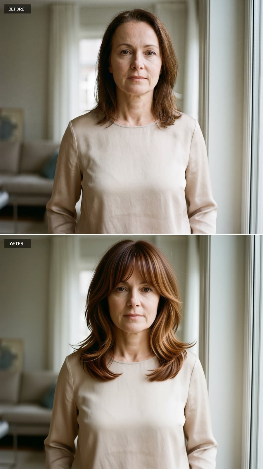 Blunt Baby Bangs With Long Honey-Brunette Layers