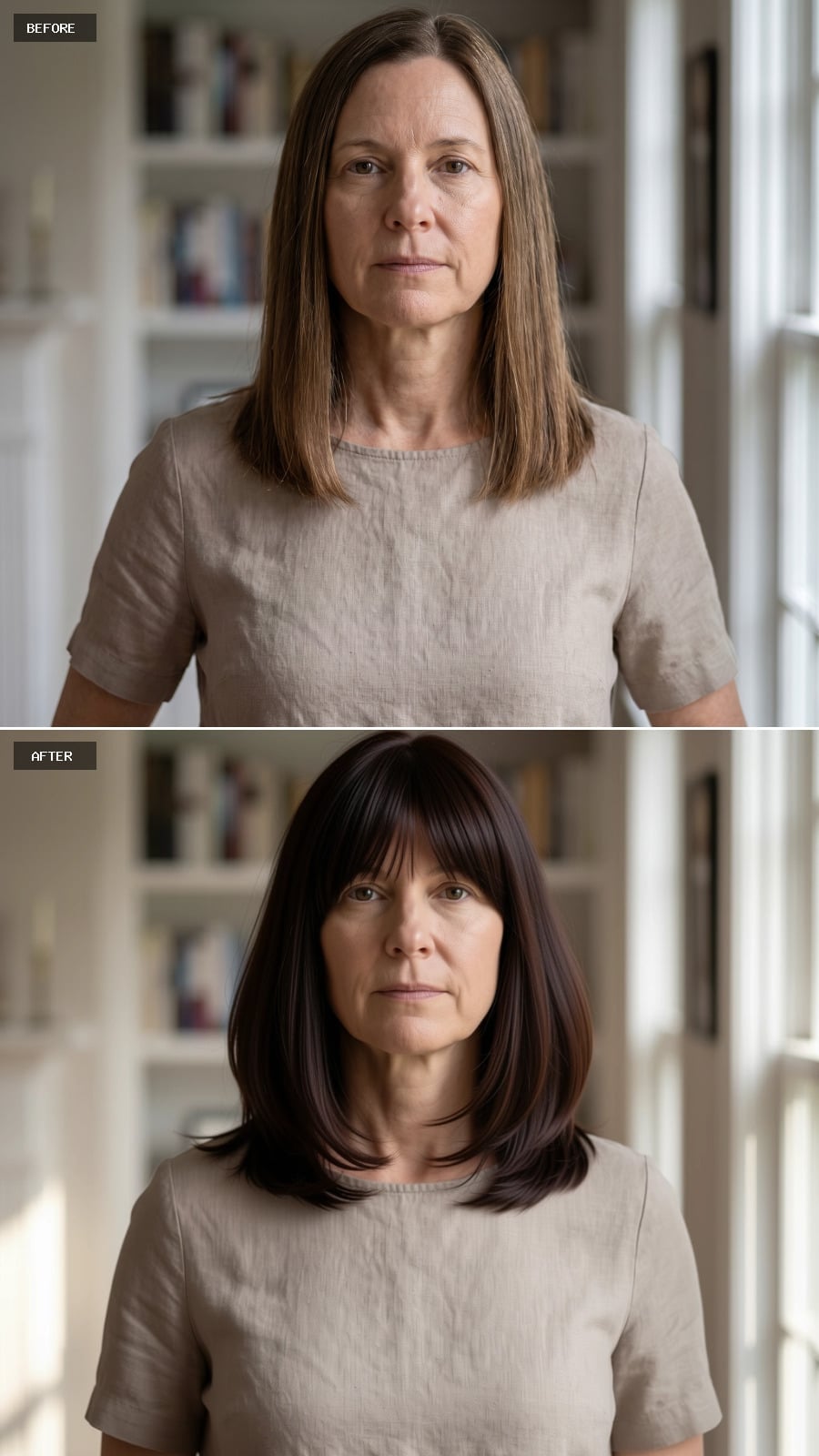 Dark Bangs, Shoulder Length, and the Volume That Refused to Stay Hidden