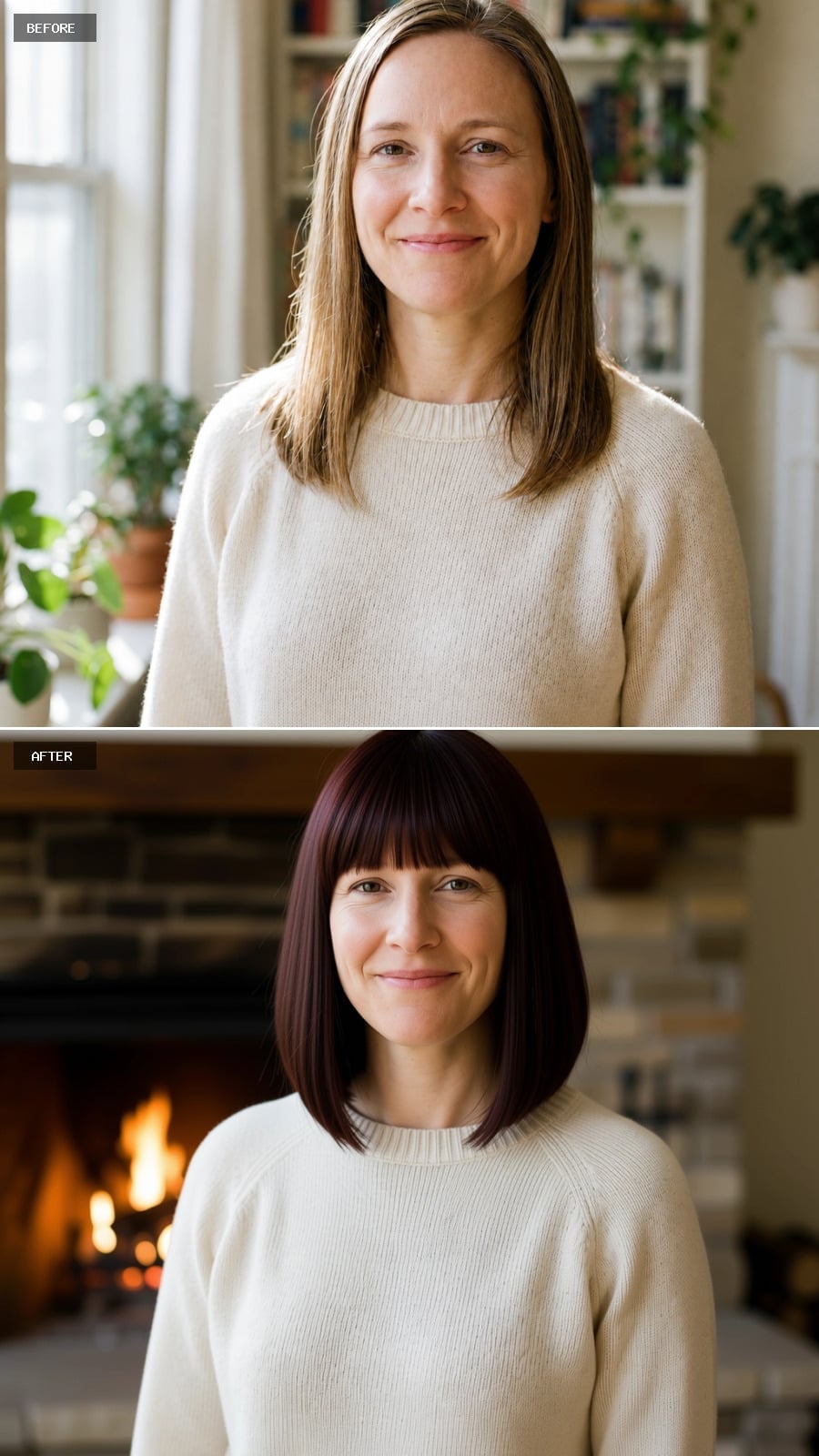 Burgundy Bob With Blunt Bangs That the Camera Can't Ignore