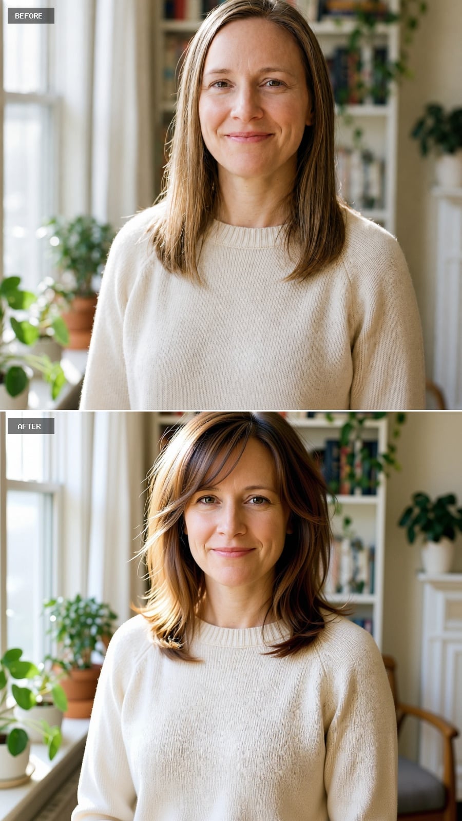 Curtain Bangs and Warm Brunette Highlights That Finally Give a Photo Something to Find