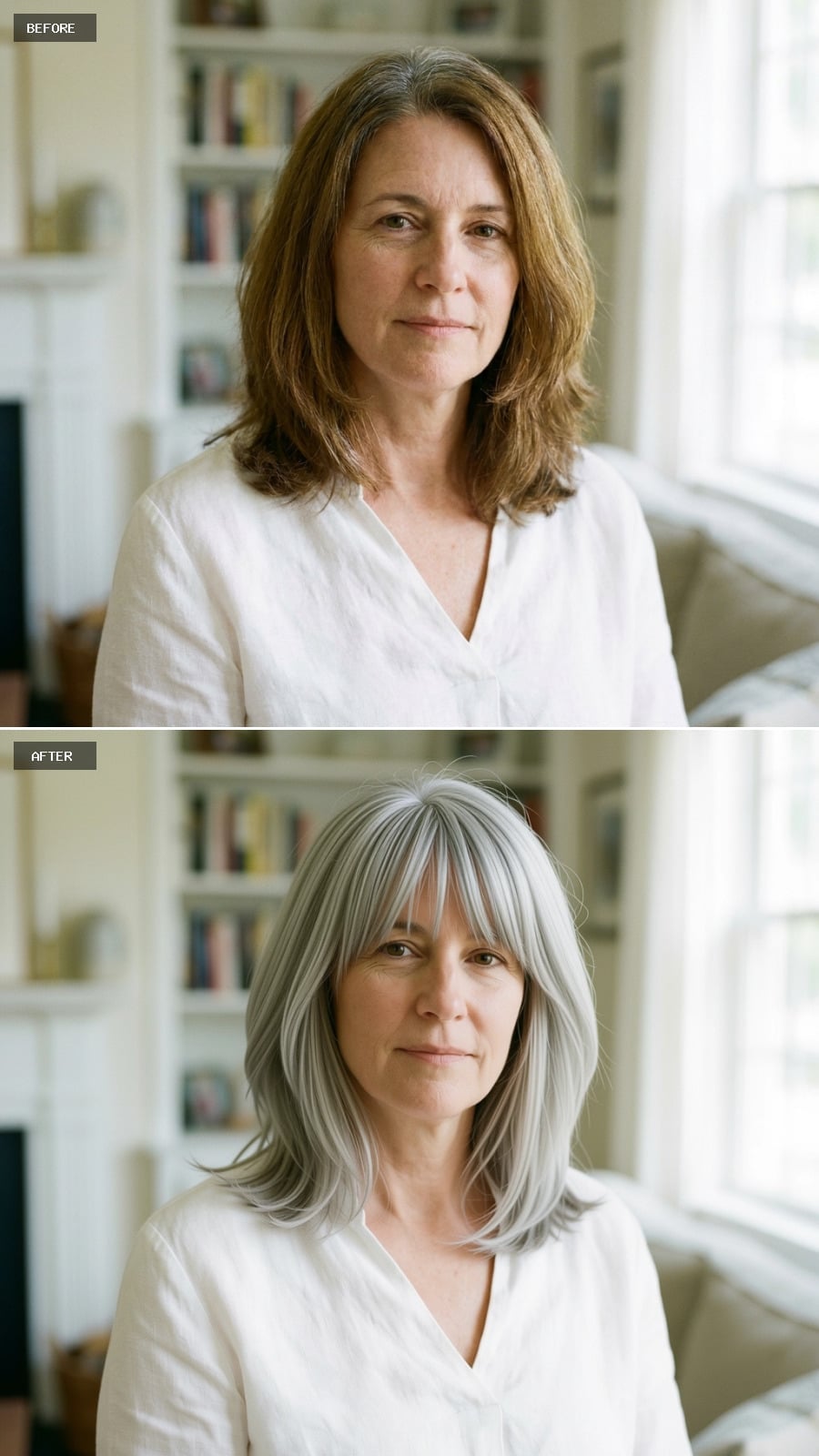 Collarbone-length layered silver hair with full straight bangs