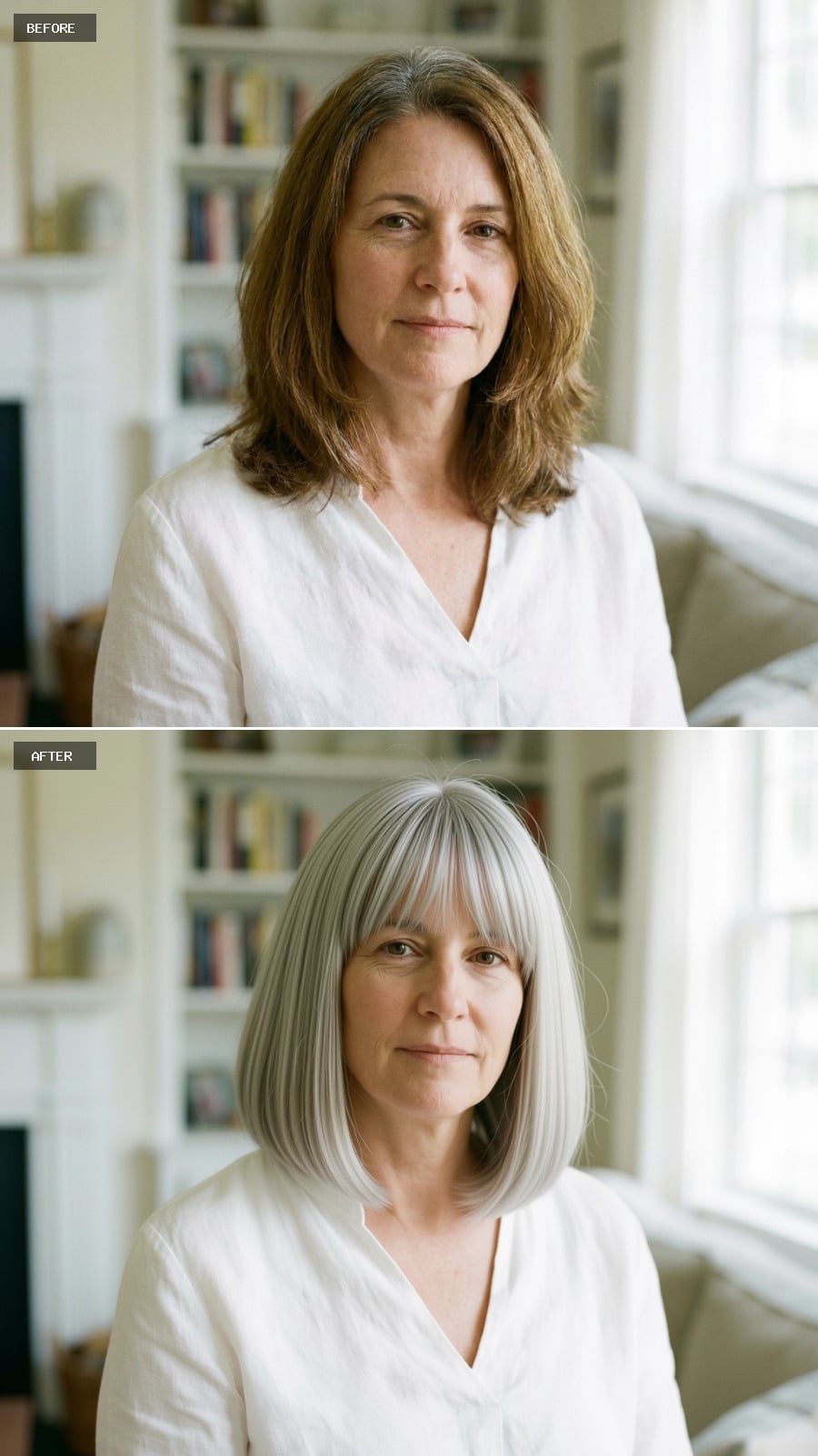 Cool silver blunt bob with full straight bangs