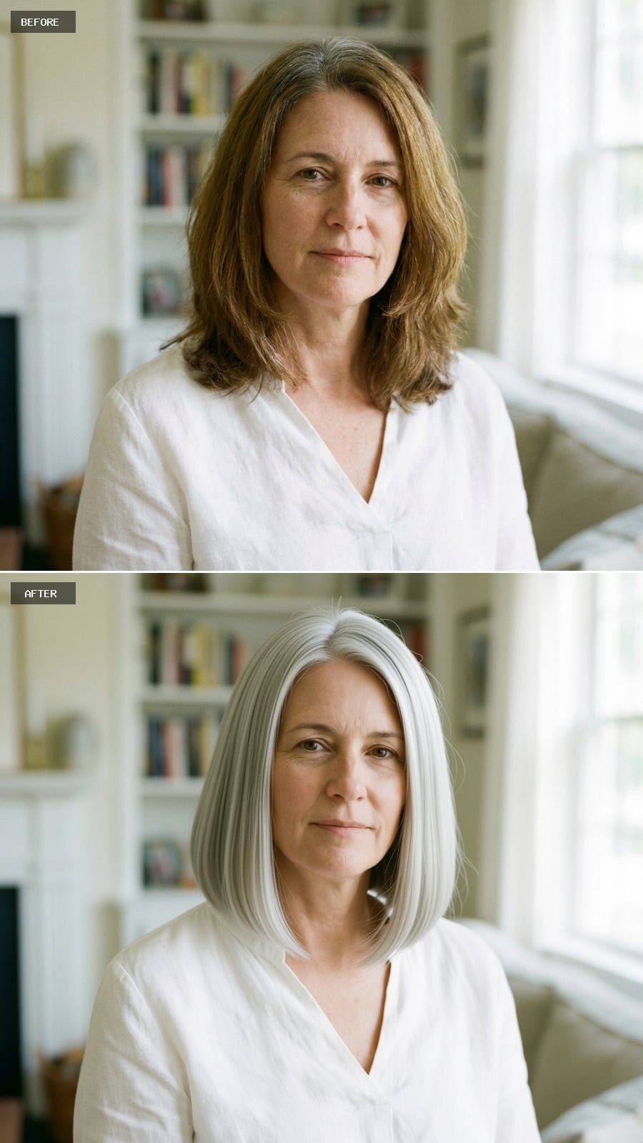 Smooth silver blunt bob with a clean left-side part
