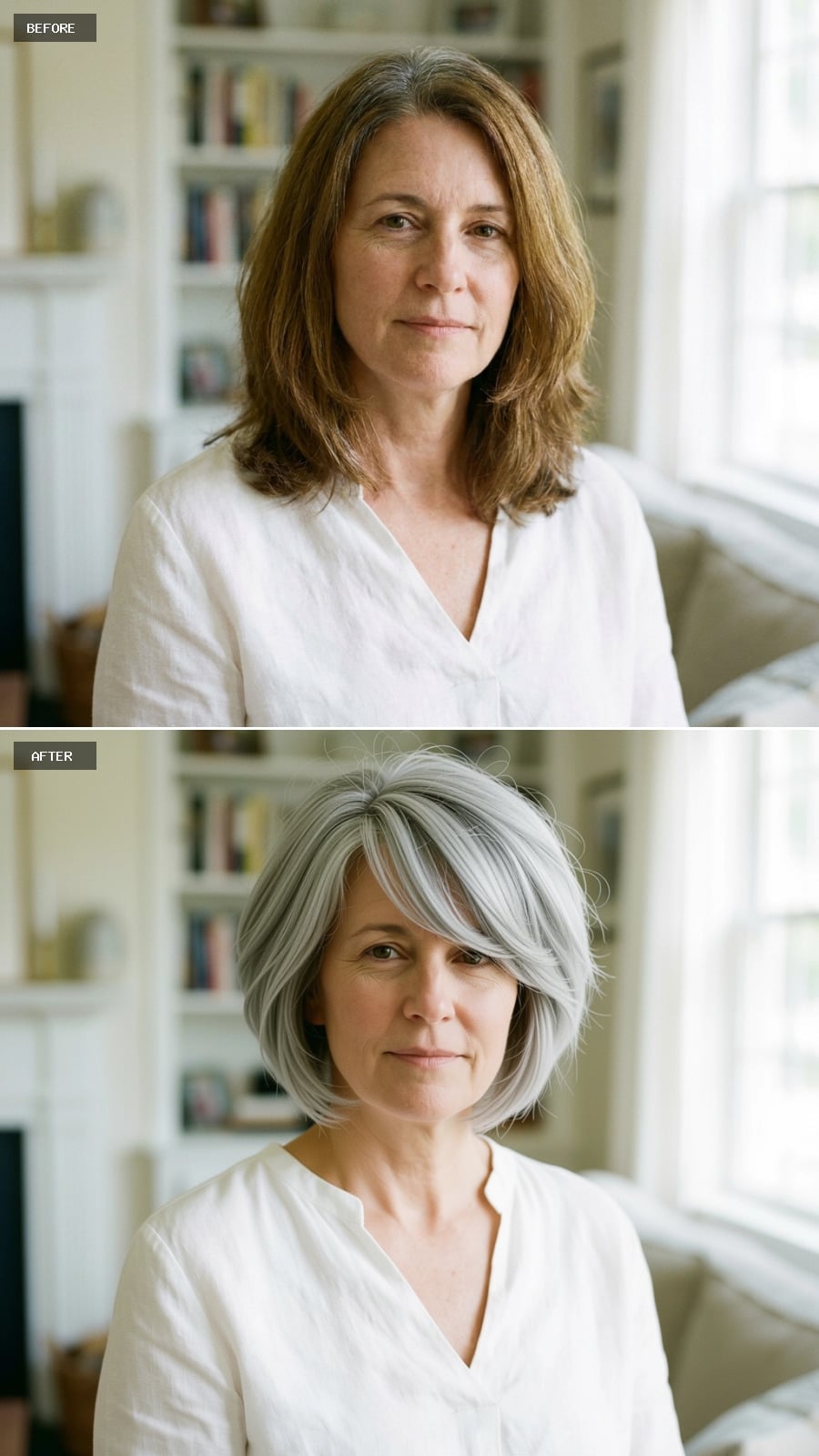 Layered silver bob with side-swept front and cool white and pewter streaks