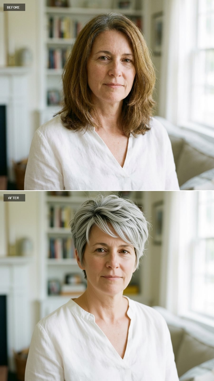 Short layered silver crop with close sides and extra length through the crown