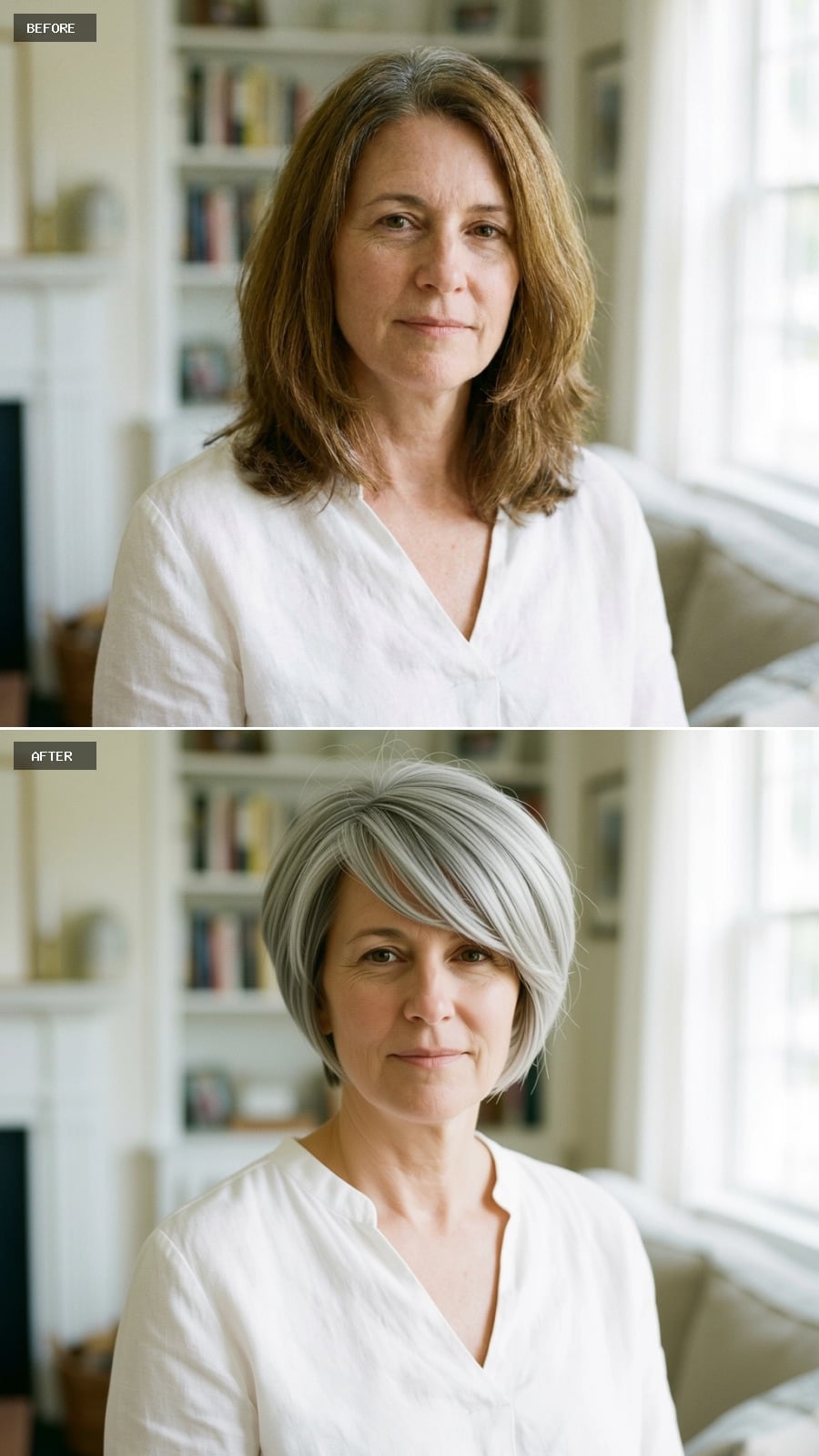 Polished short silver bob with a soft side sweep