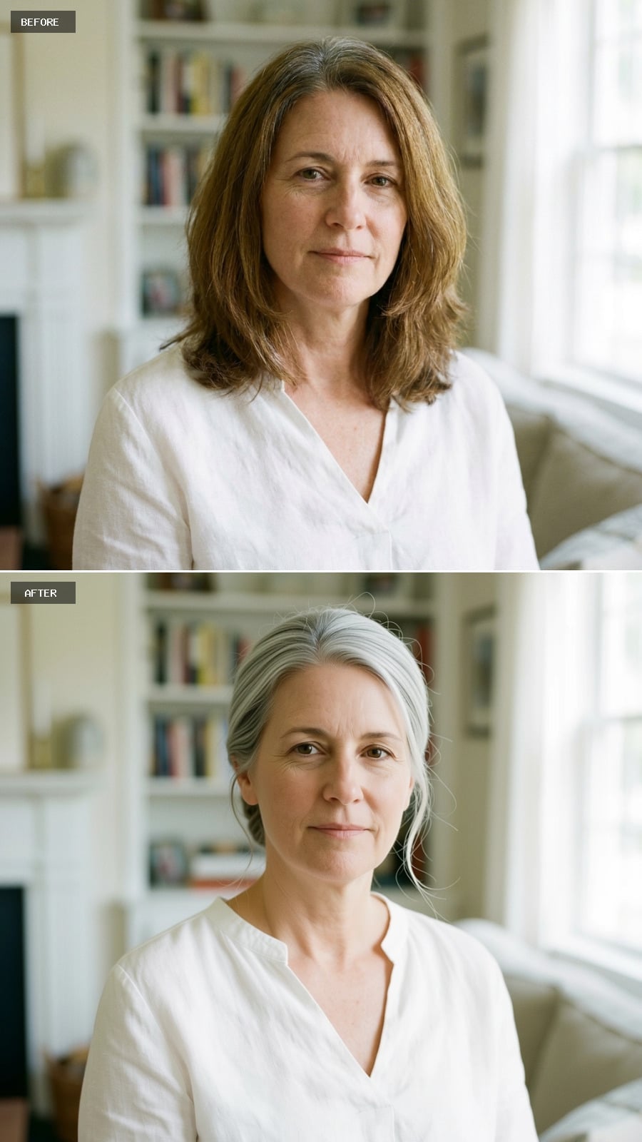 Varied silver and white hair loosely pulled back at the nape
