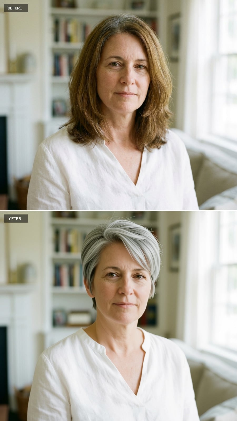 Short silver haircut with a close nape and fuller crown