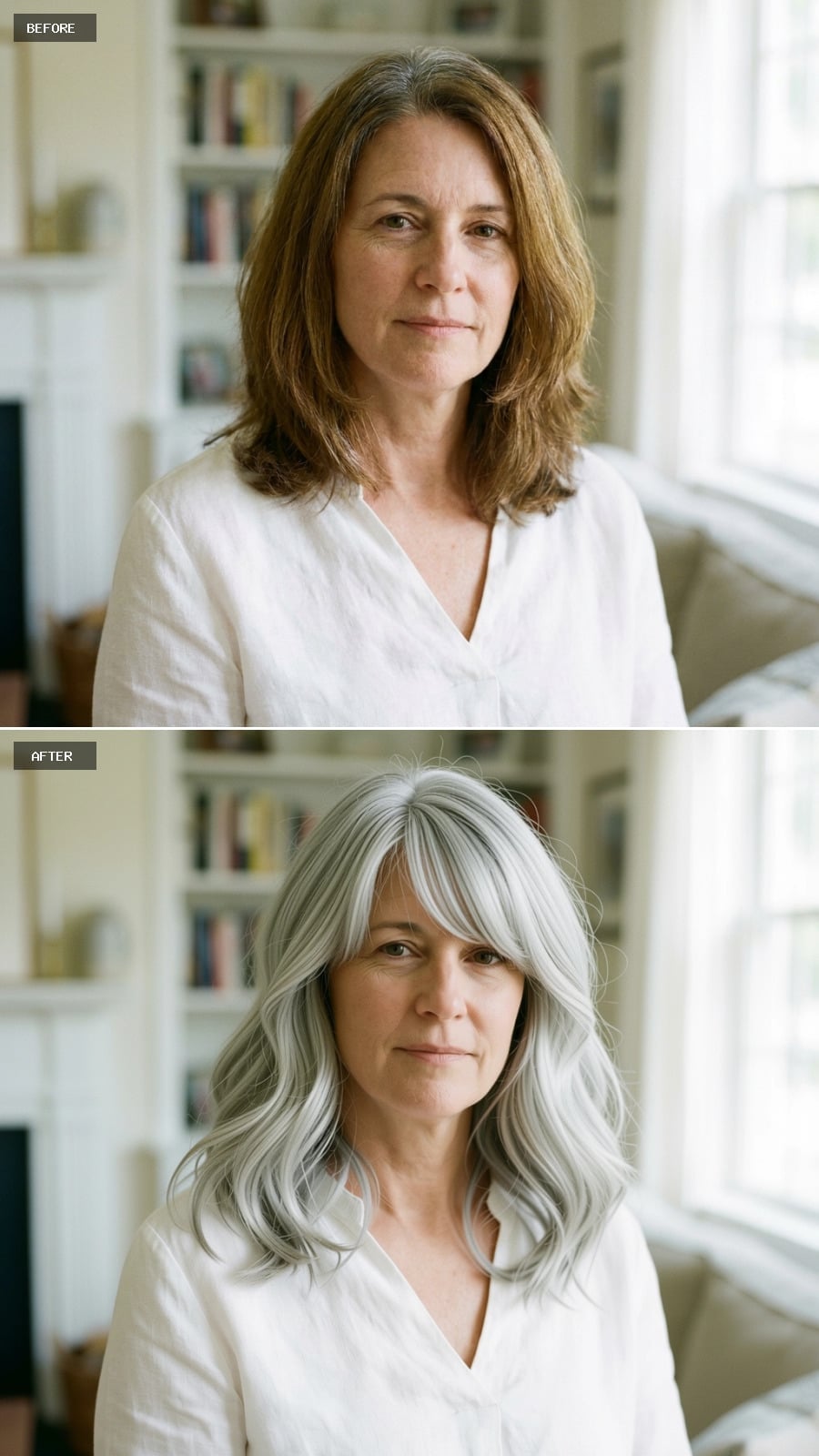 Loose collarbone-length silver waves with bright white roots and cooler platinum lengths