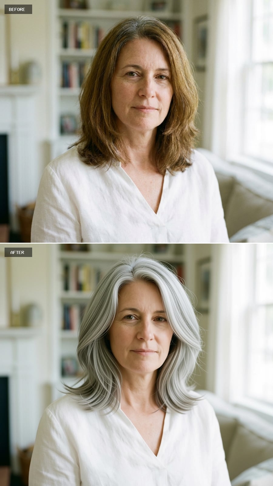 Long flowing cool-silver hair with soft movement past the shoulders