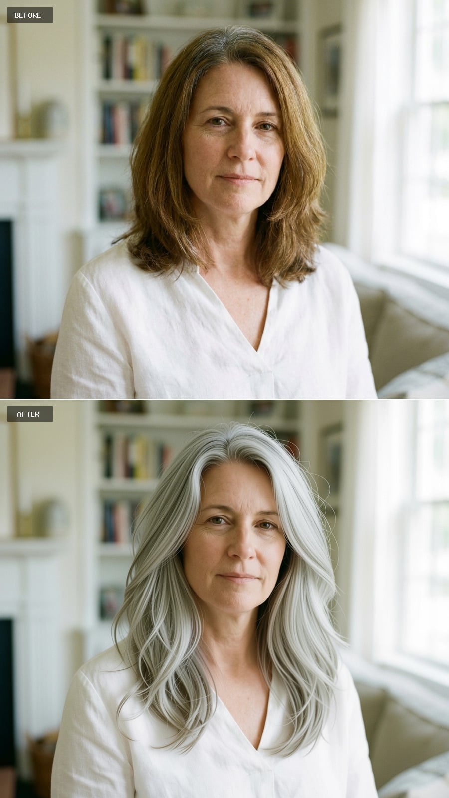 Long cool-silver hair with loose waves extending past the collarbone