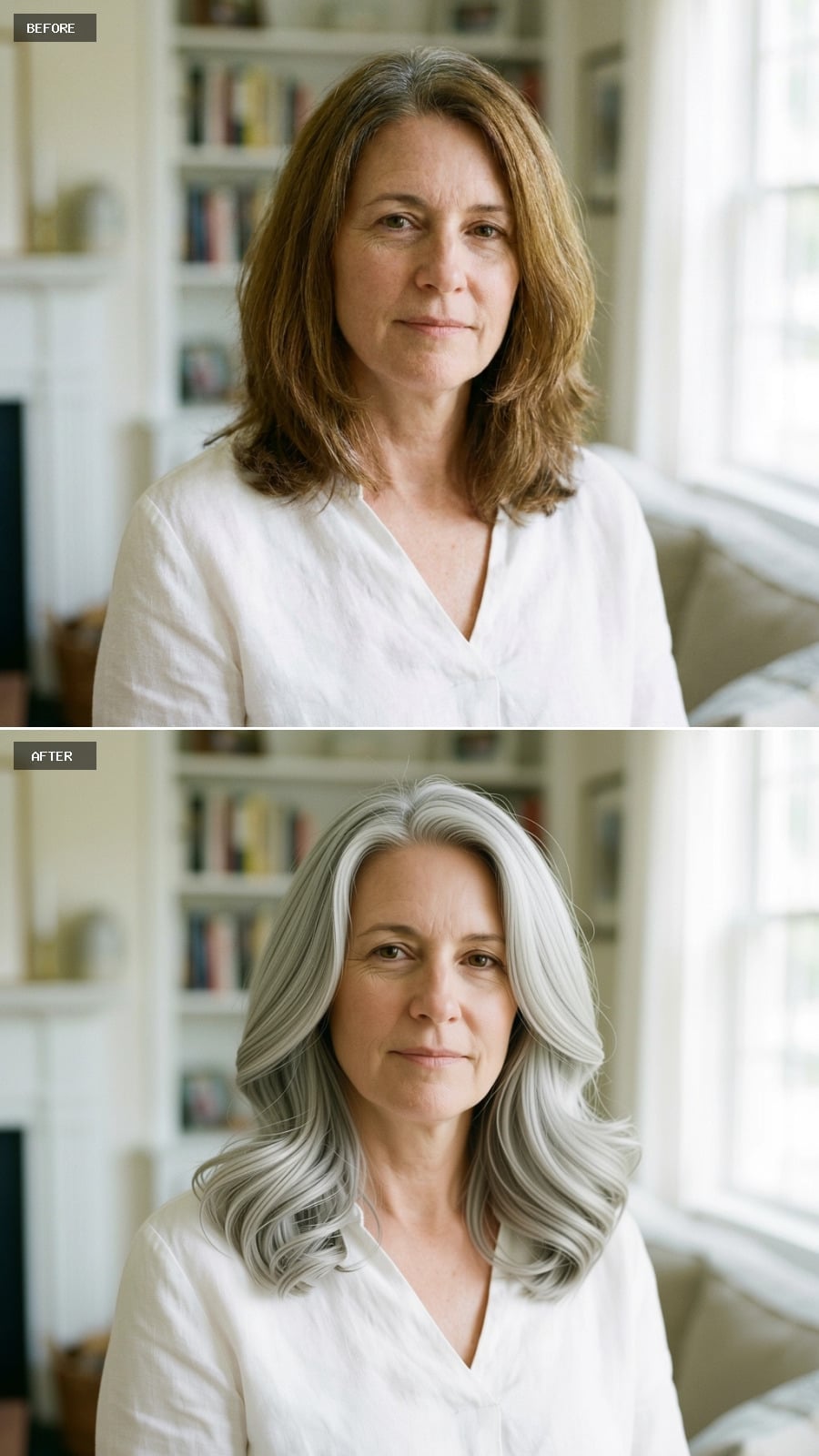 Long silver waves swept away from the face with rounded ends
