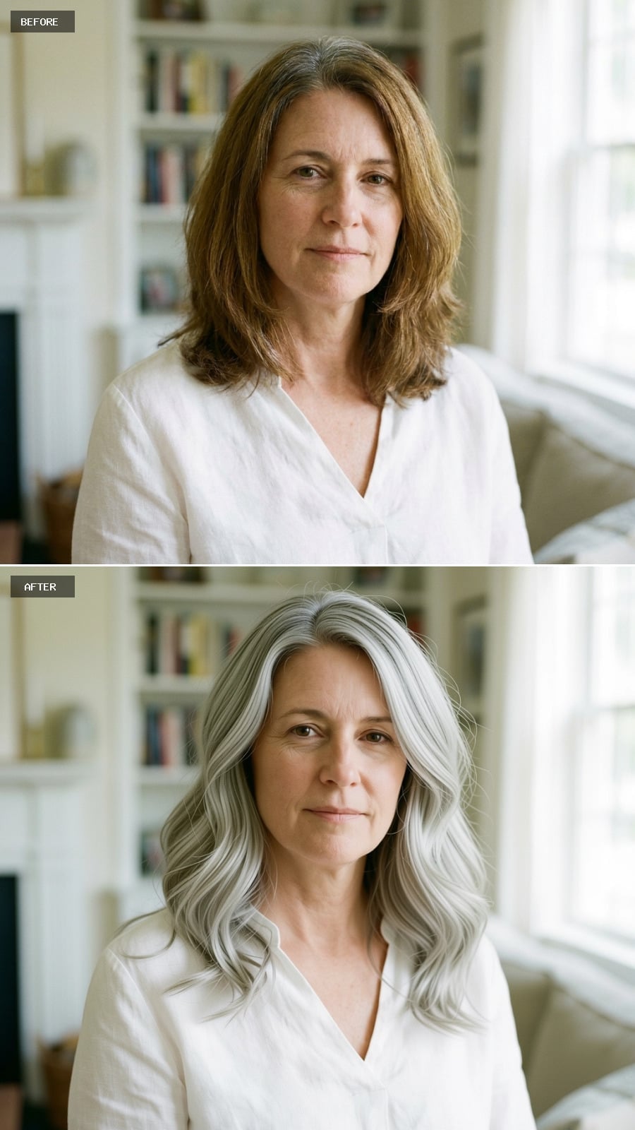 Long silver waves beginning near the crown and extending beyond the collarbone