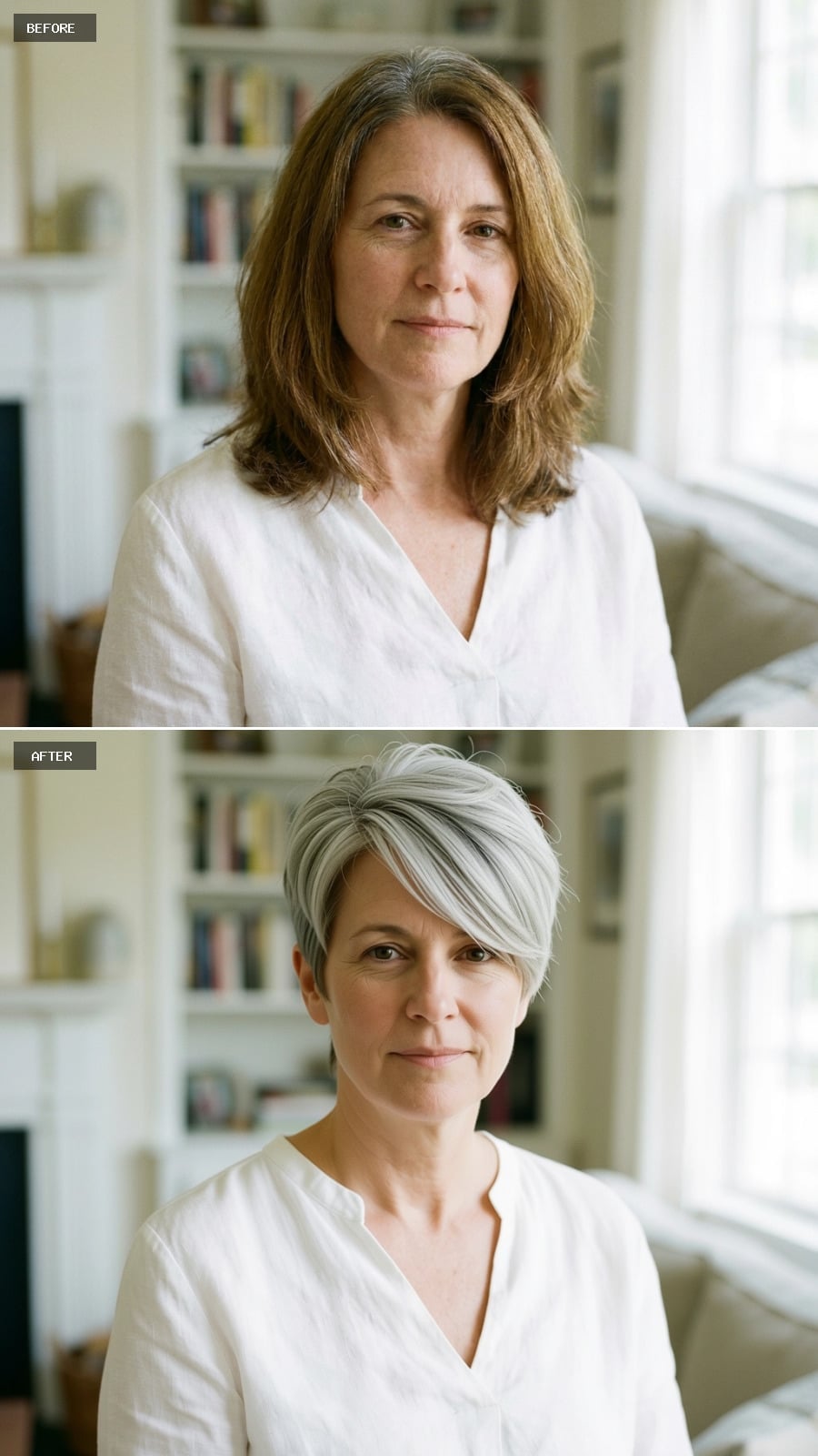 Silver pixie-length crop with longer pieces swept forward through the crown