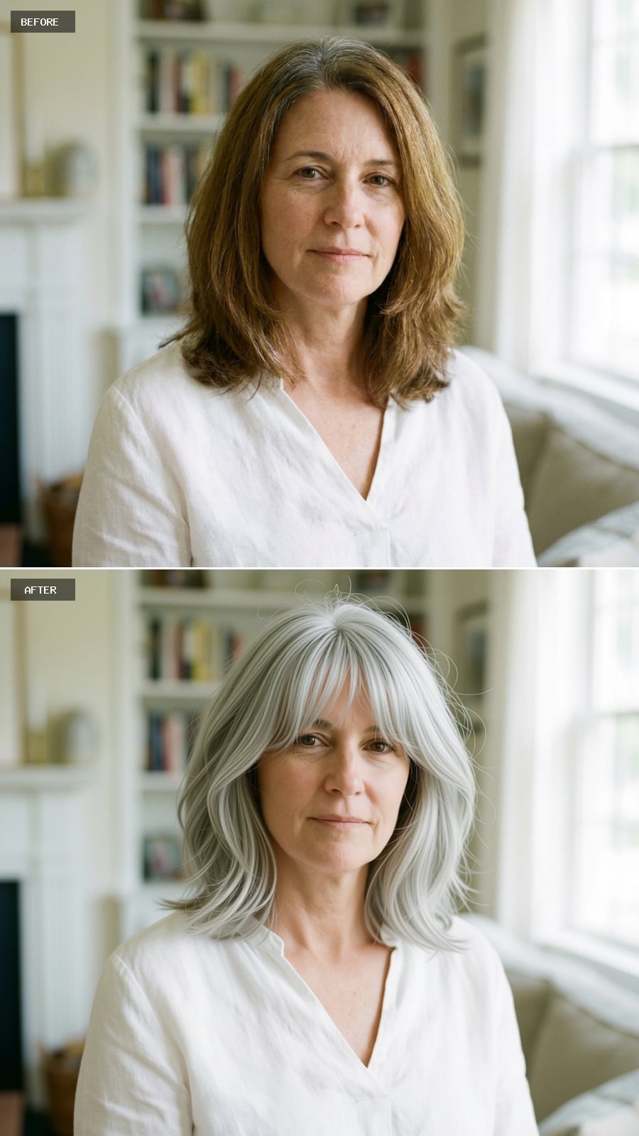 Collarbone-length silver layers with softly parted curtain bangs