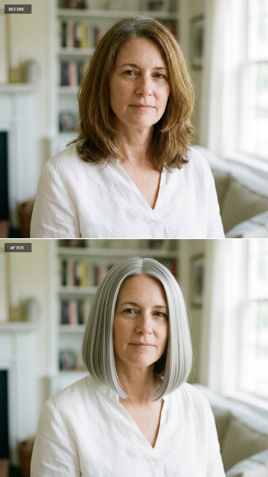 Straight cool-silver bob with a precise center part