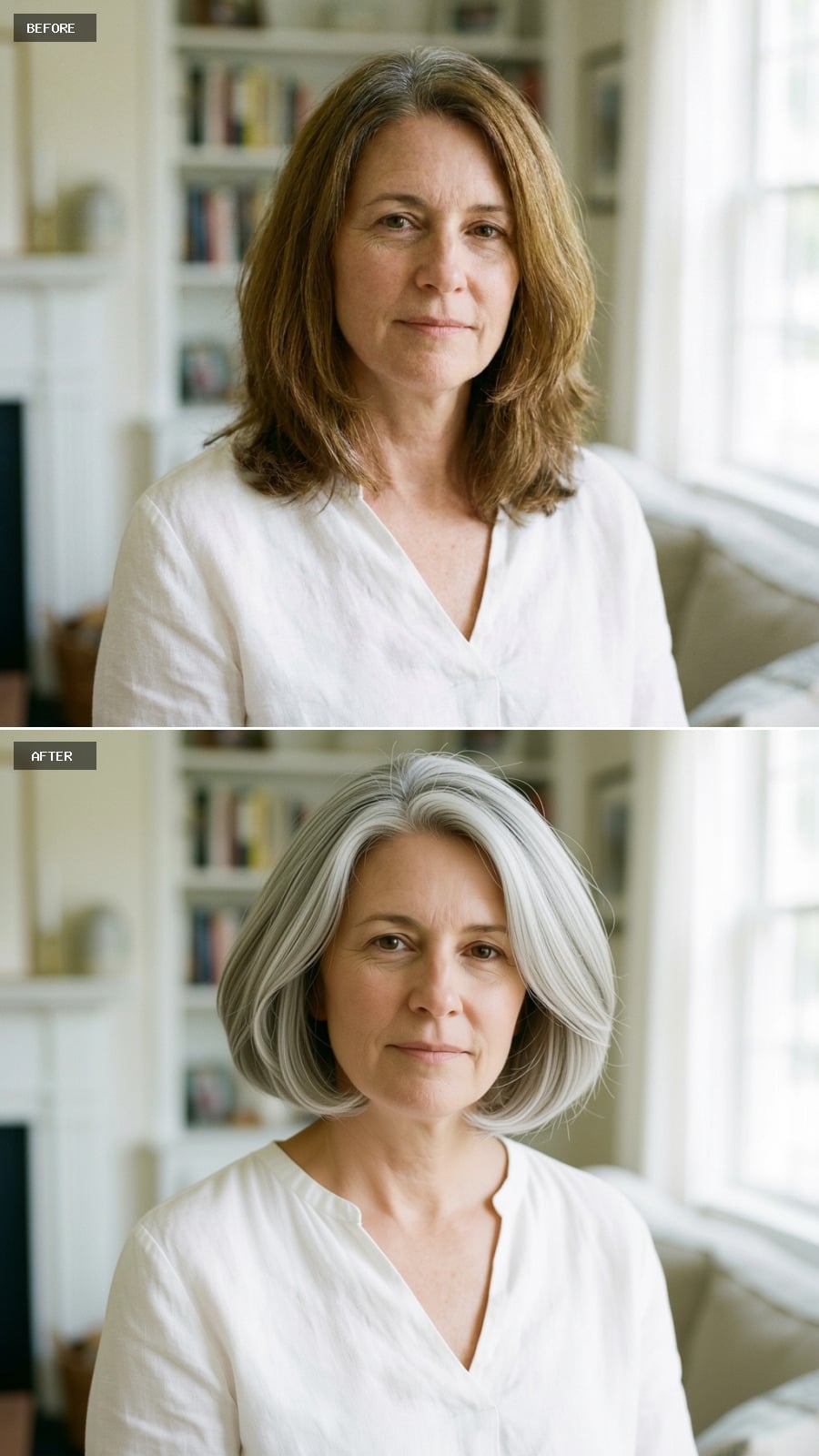 Jaw-length silver bob with a polished side-swept front