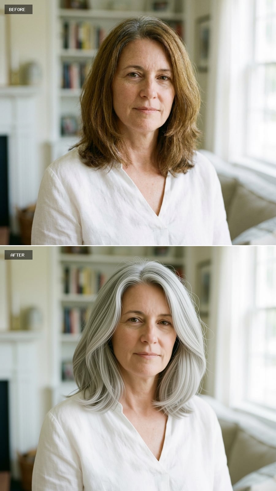 Long layered silver waves shifting from bright white near the crown to steel gray at the ends