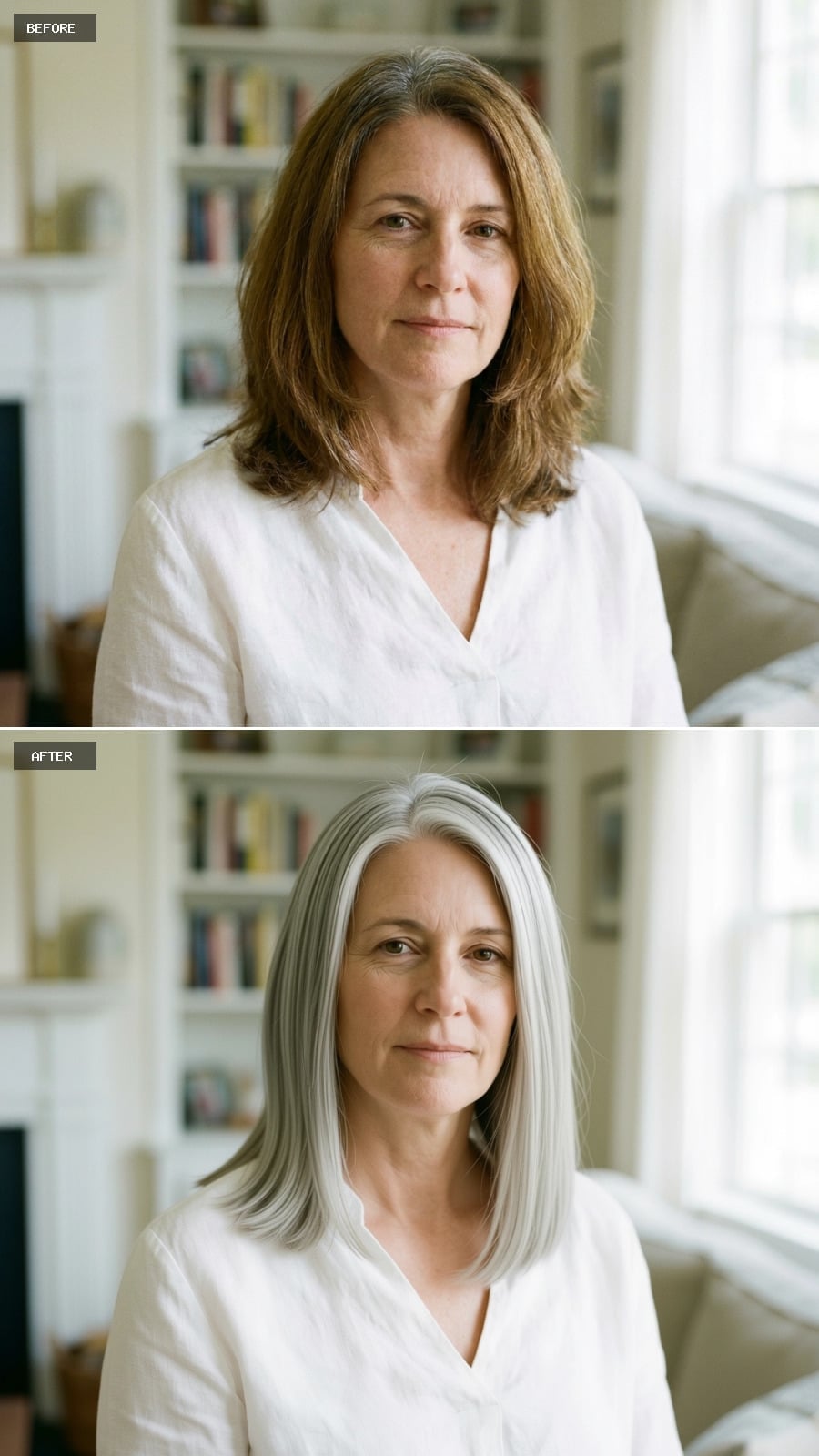 Collarbone-length dimensional silver hair with a precise center part