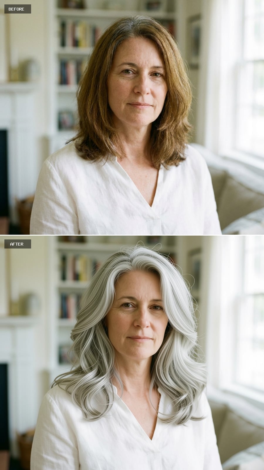 Long silver waves with bright white crown pieces and deeper pewter underneath
