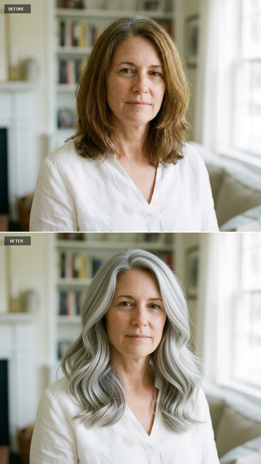 Collarbone-length silver hair with waves beginning near the roots