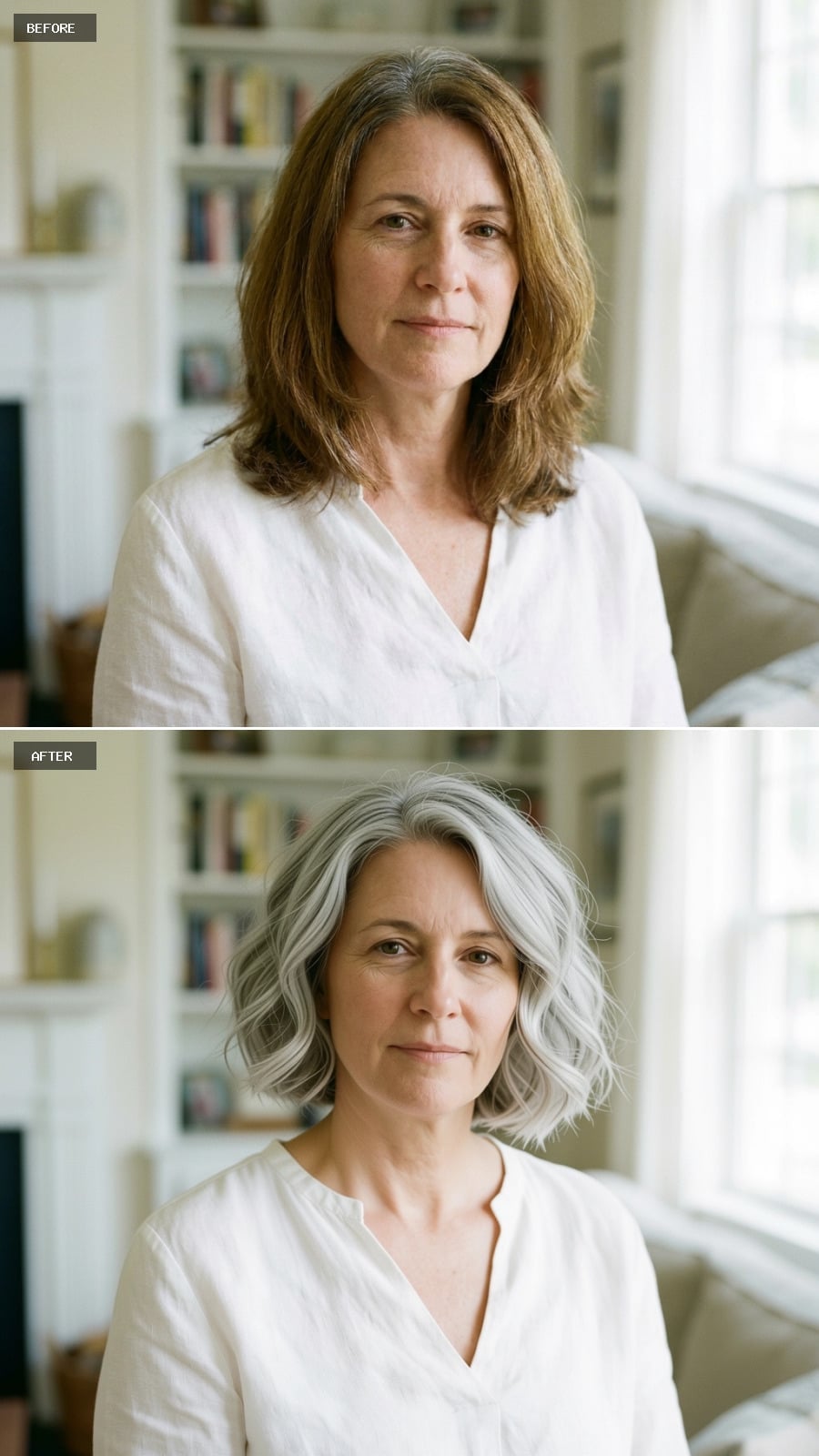 Jaw-length silver bob styled with soft loose waves