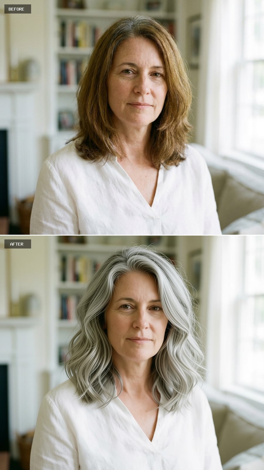 Shoulder-length platinum-silver hair with loose polished waves