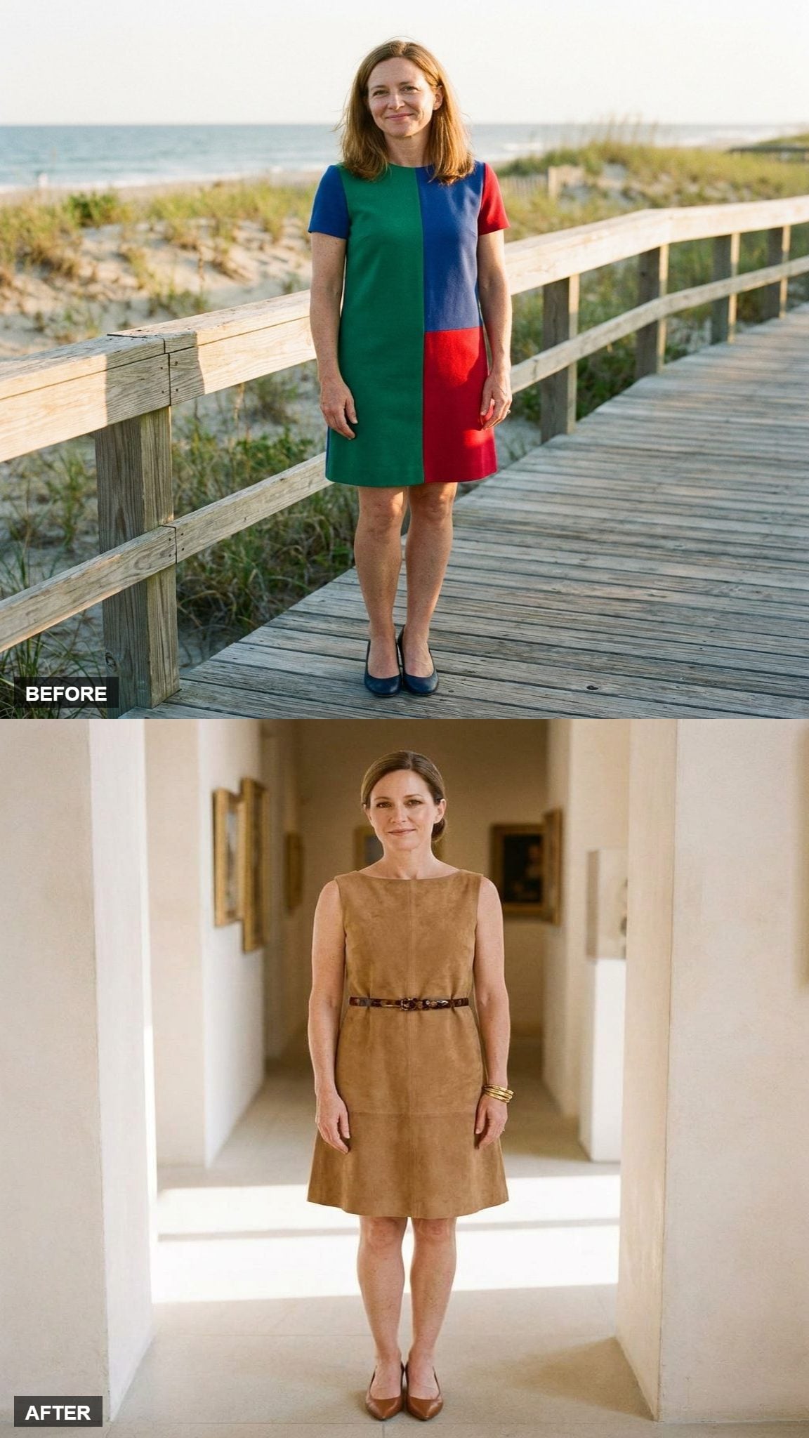 The Shift Goes Sharp in a Tonal Camel Suede Trapeze Dress