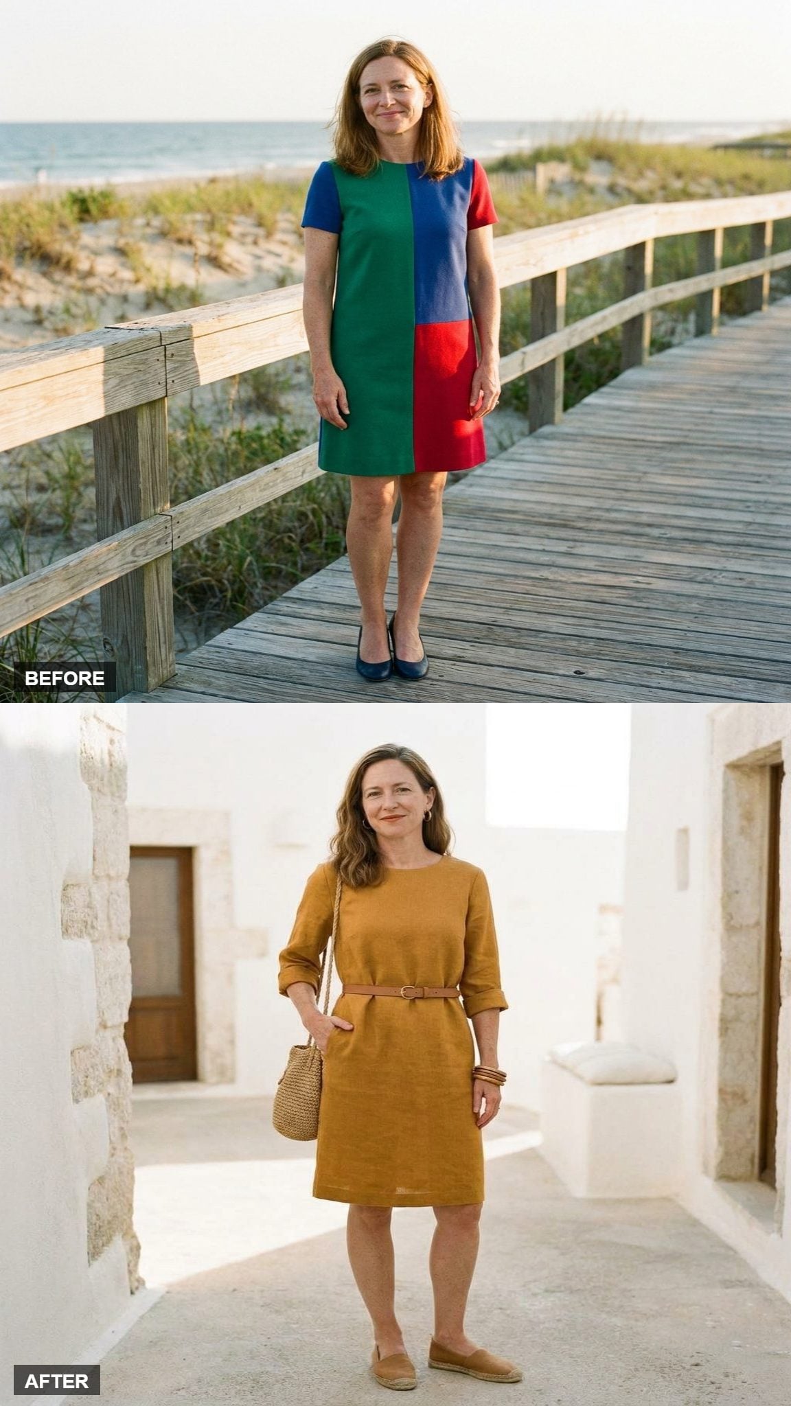 The Shift Reborn in Ochre Linen With Rolled Sleeves and Espadrilles